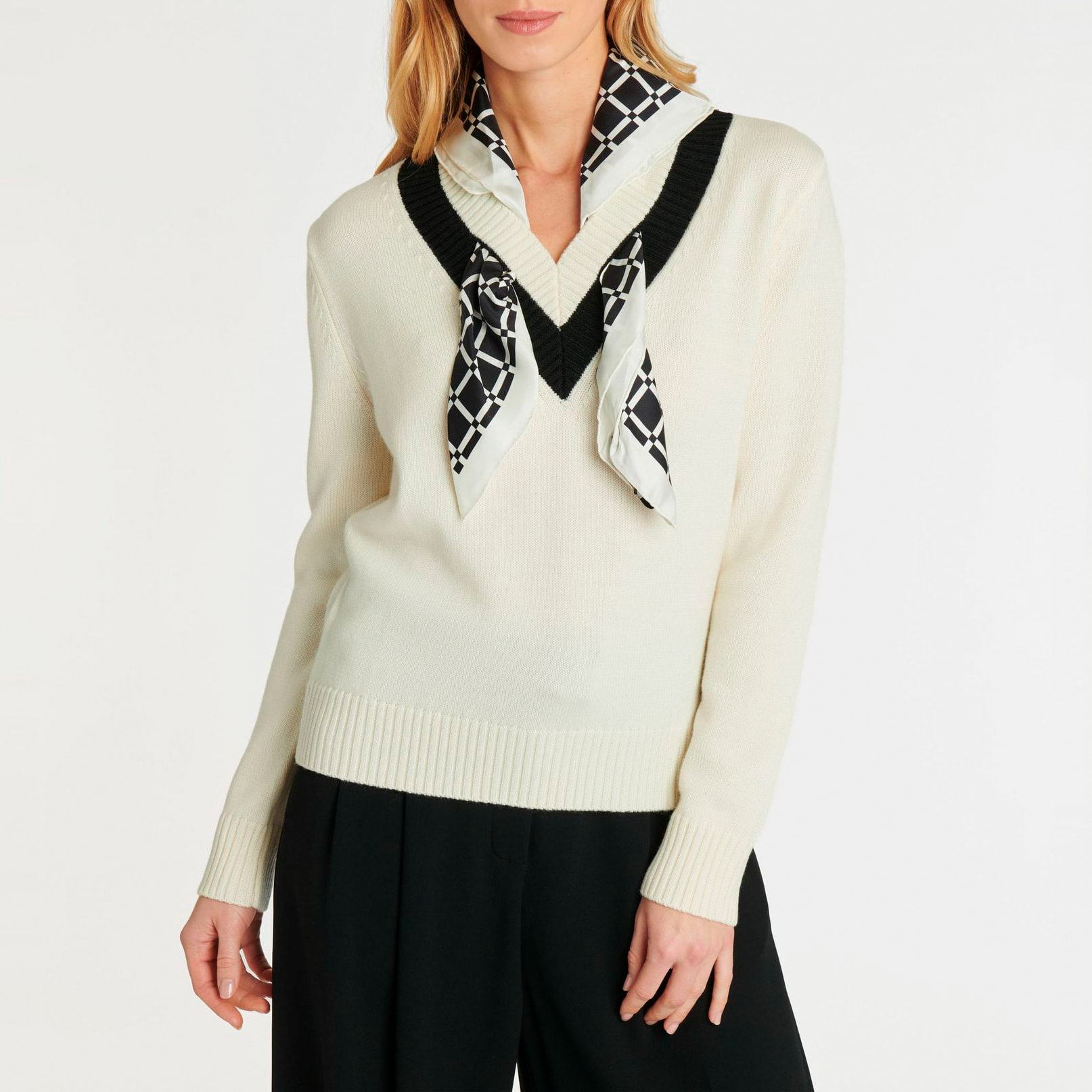 Pull avec foulard amovible en laine - Blanc cassé & noir