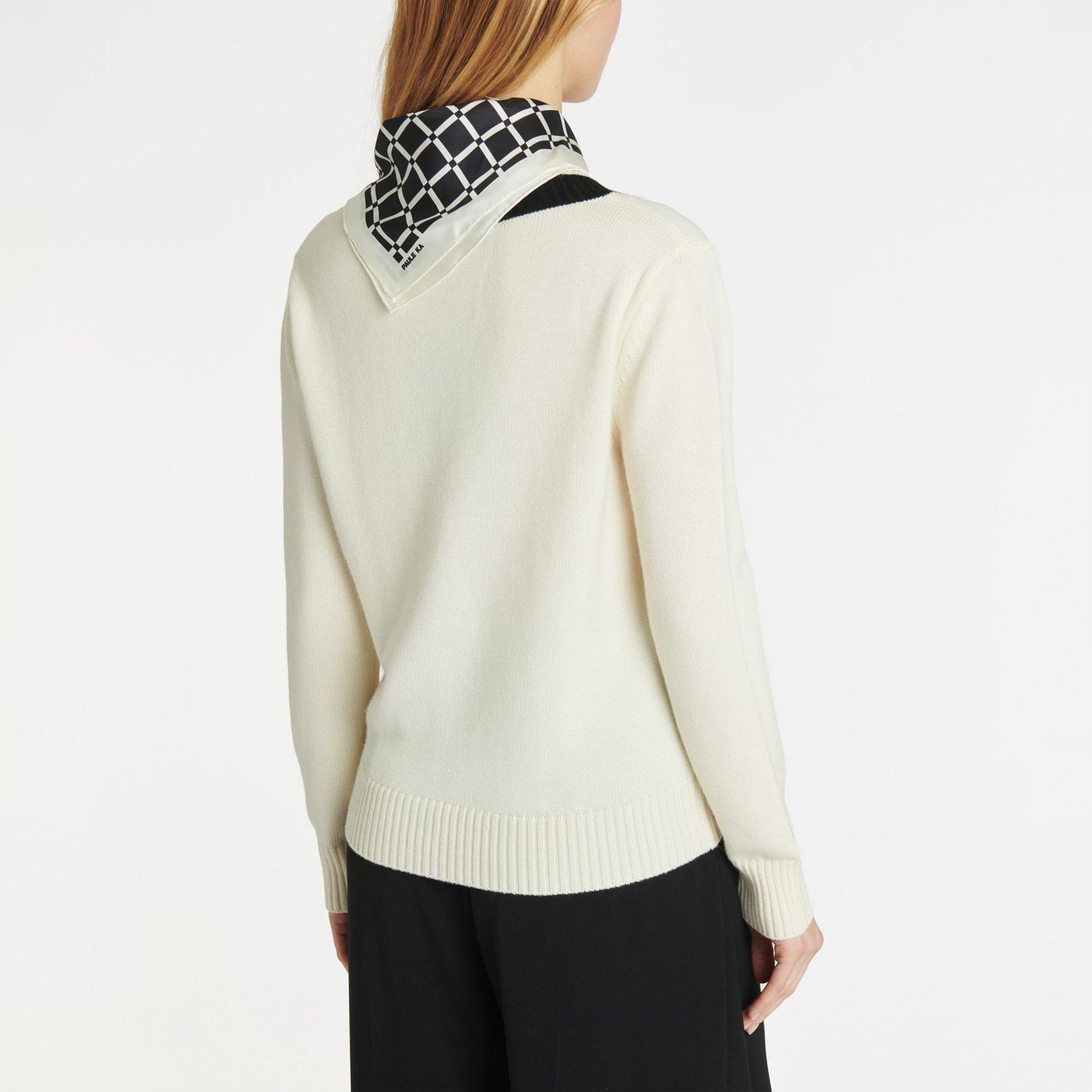 Pull avec foulard amovible en laine - Blanc cassé & noir