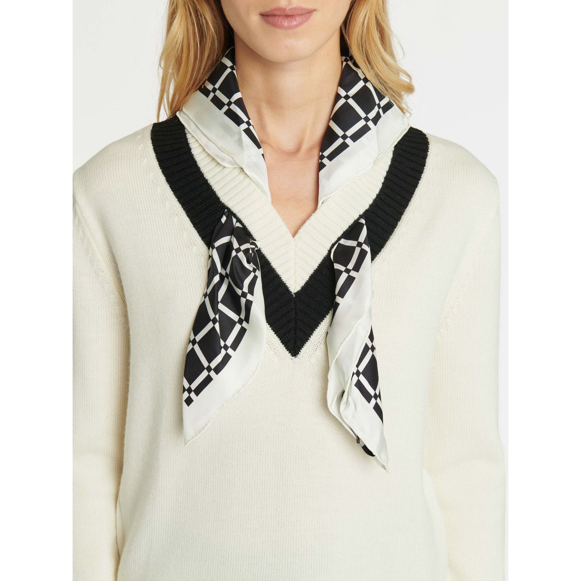 Pull avec foulard amovible en laine - Blanc cassé & noir