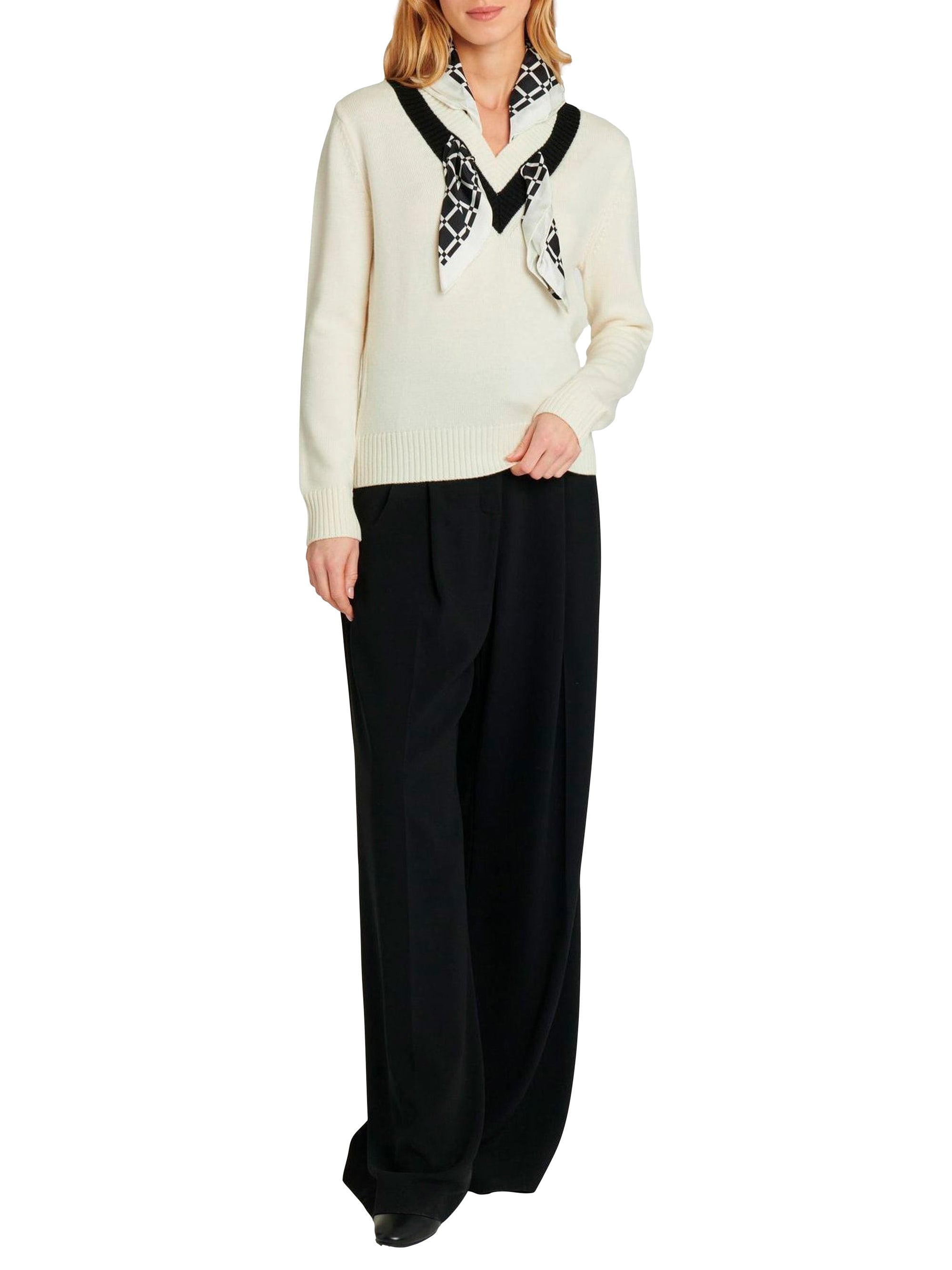 Pull avec foulard amovible en laine - Blanc cassé & noir