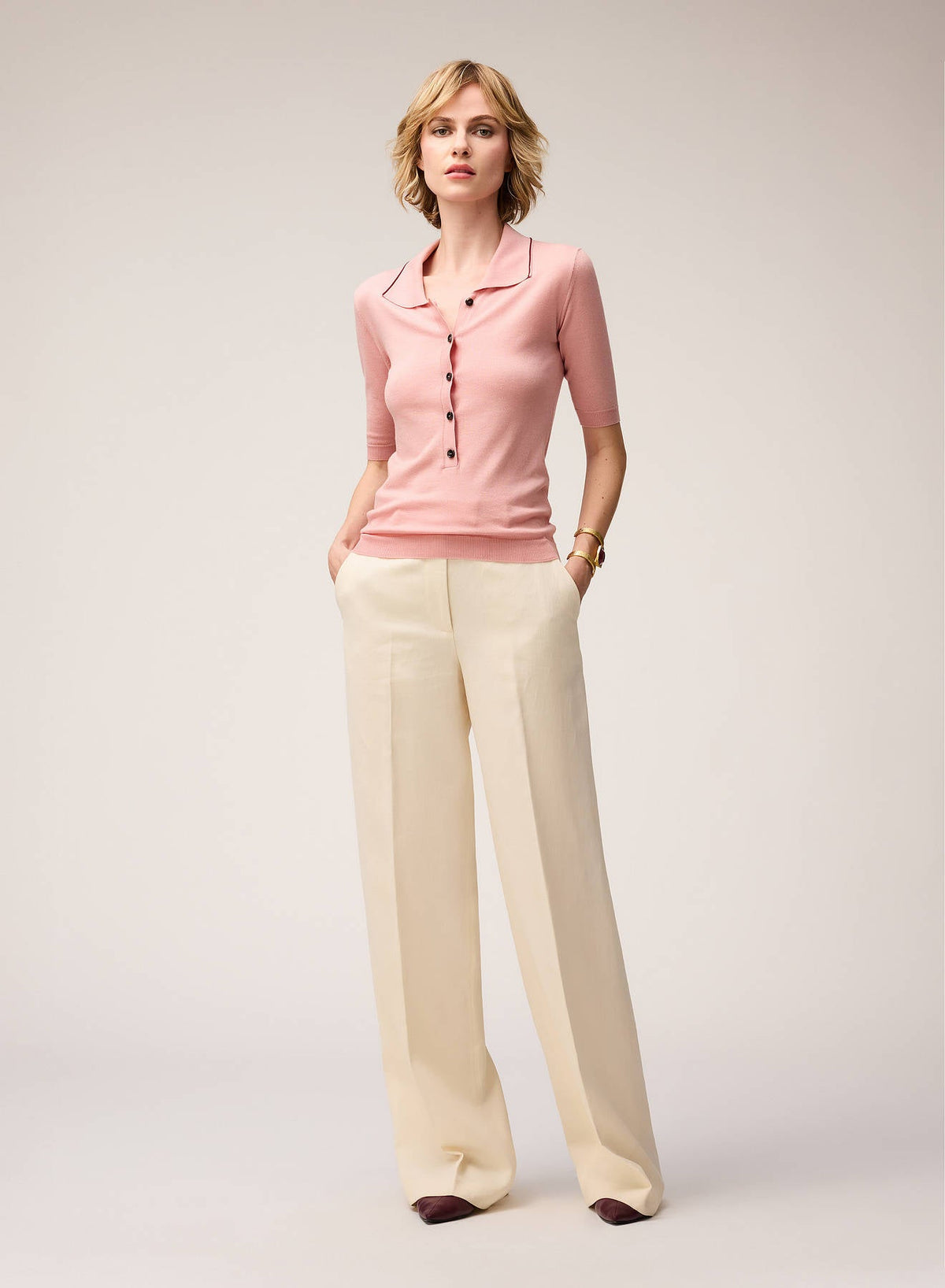 PINK ROSE JERSEY STITCH KNIT POLO WITH CONTRASTING STRIPE DETAIL