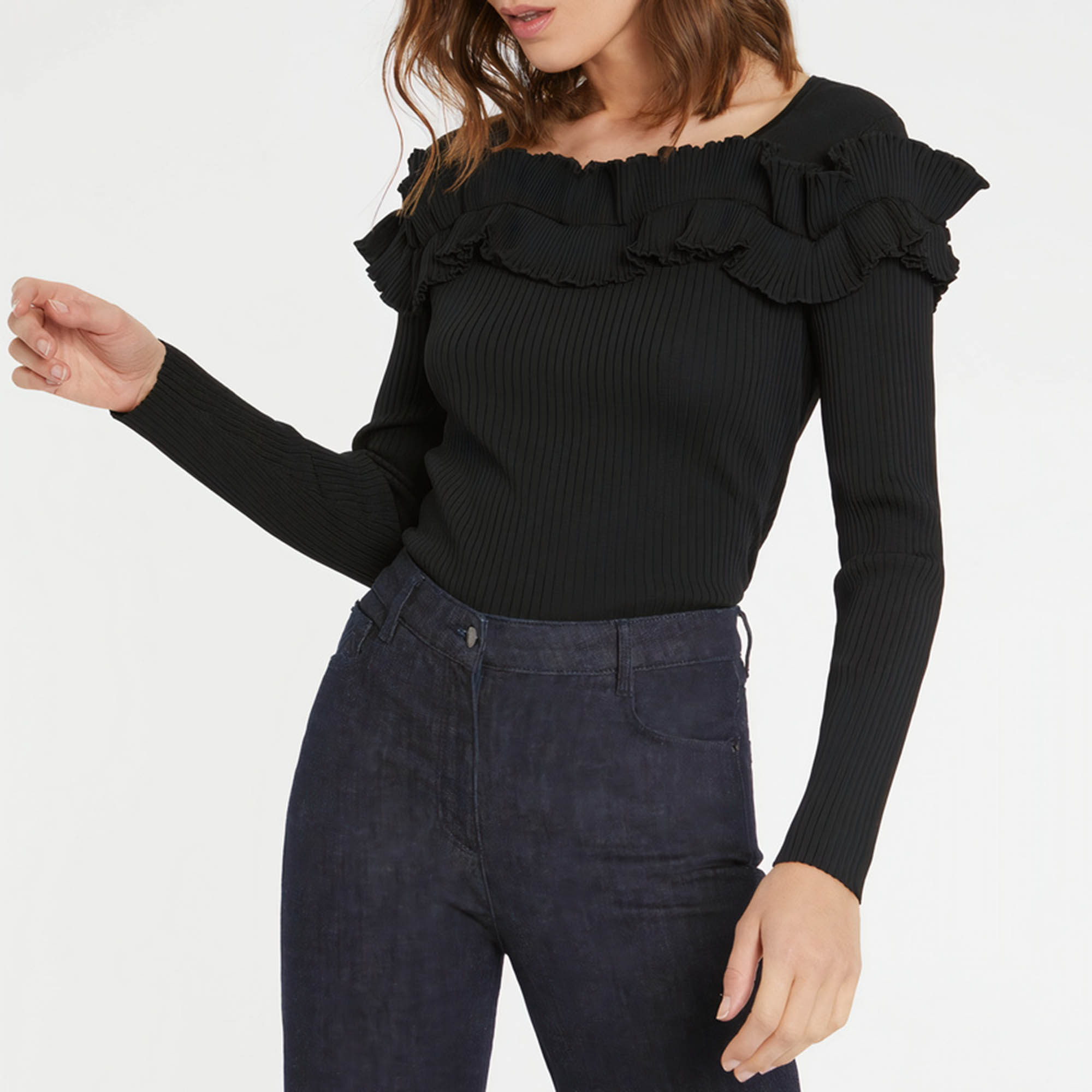 Pull à encolure volantée - Noir