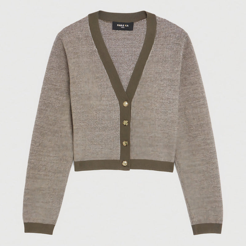Cardigan court en tweed - Kaki clair