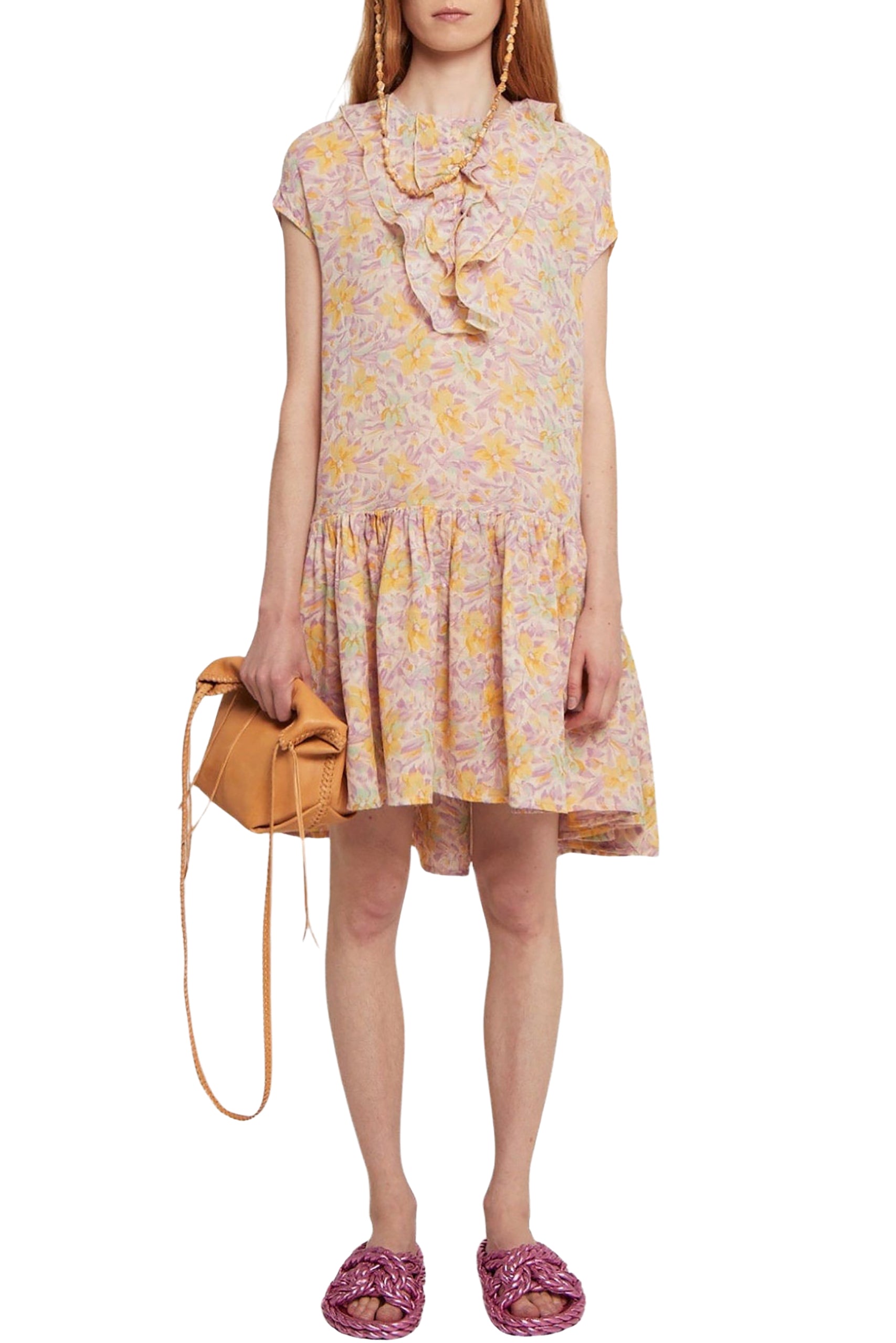 Robe Christo fleurie à col jabot - Pink