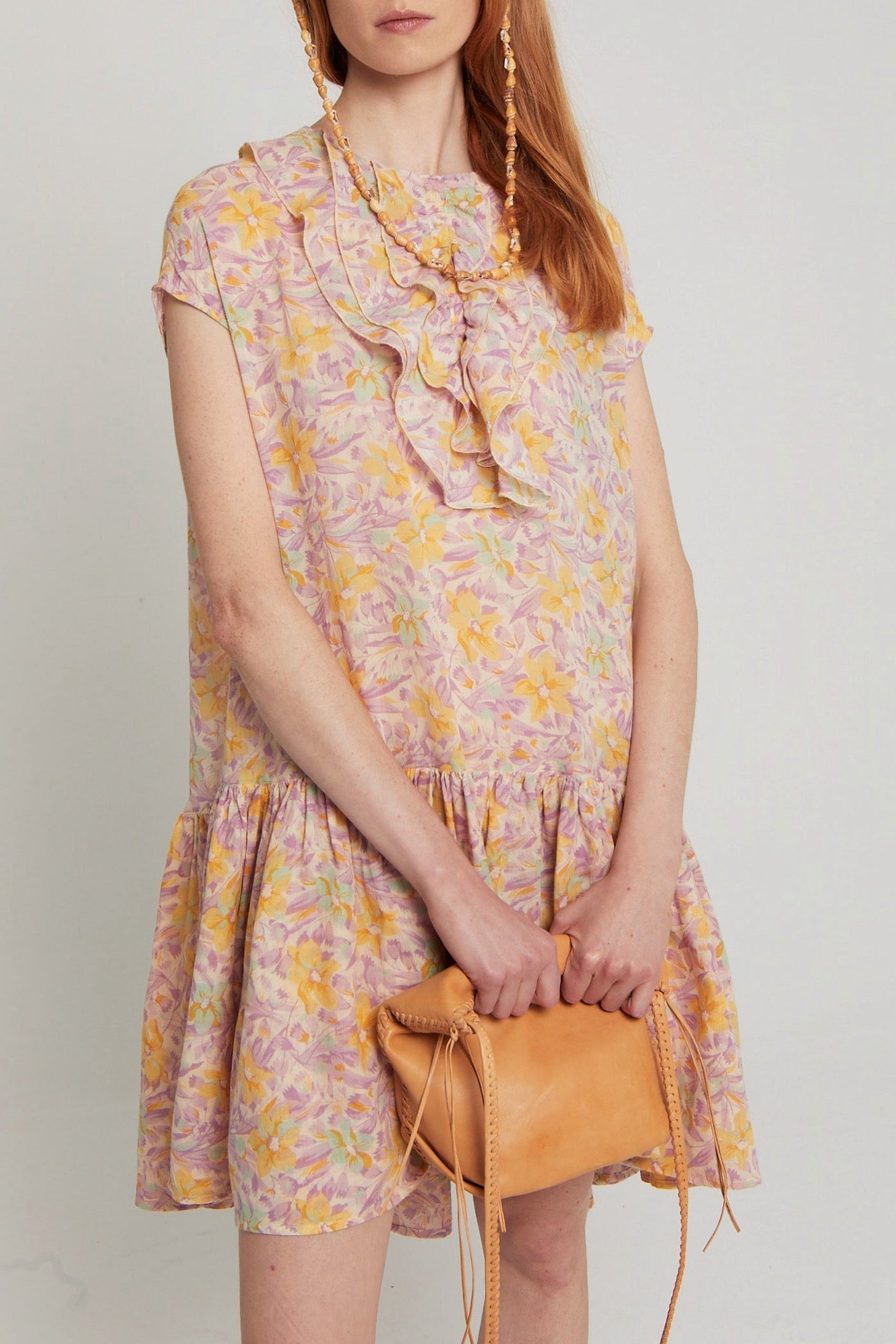 Robe Christo fleurie à col jabot - Pink