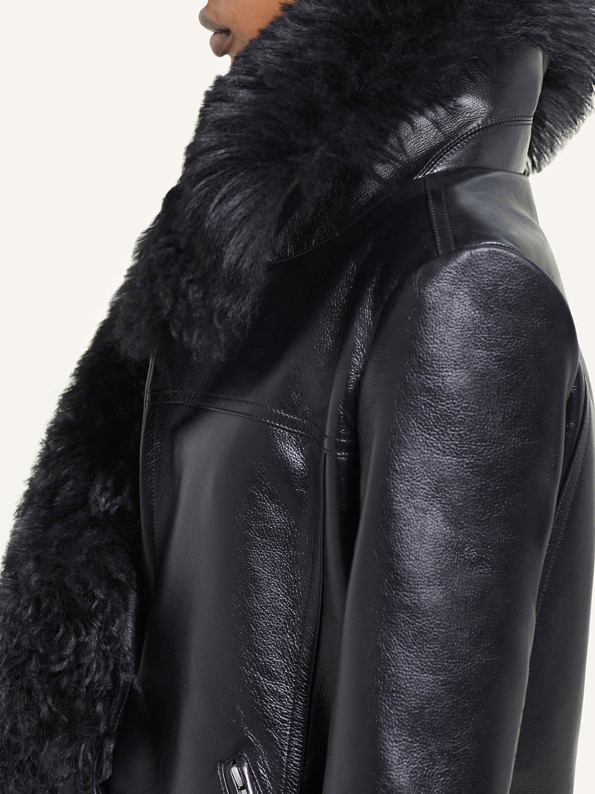 PREMIUM 1pcs NEW / VESTE COL SHEARLING EN CUIR - Black