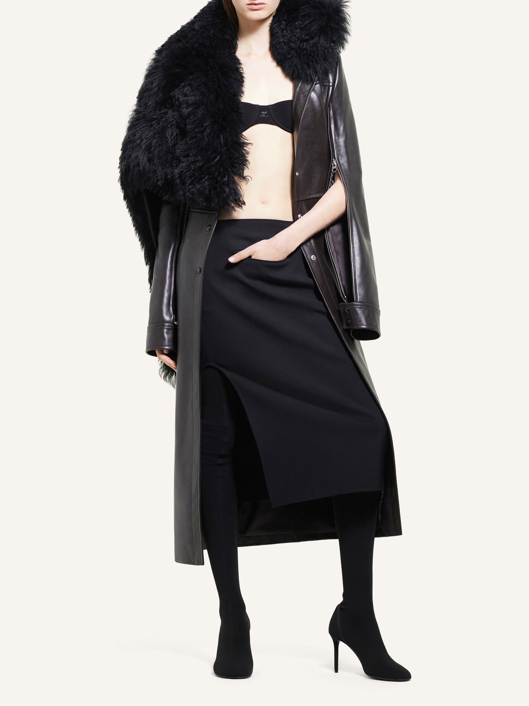 PREMIUM 3pcs NEW / LONG MANTEAU COL SHEARLING EN CUIR