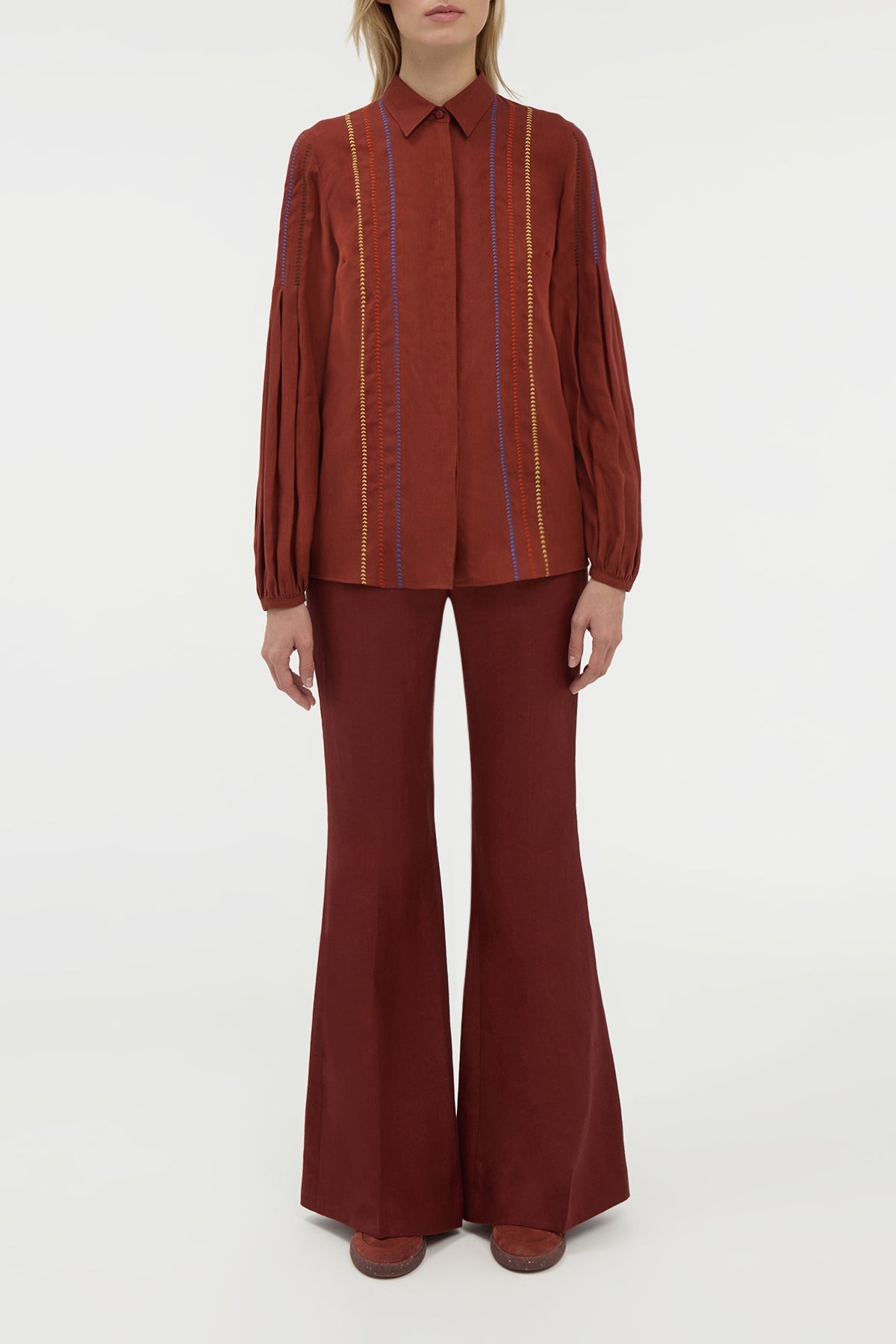 Inga Blouse W/Multi Color en terre de sienne brûlée lin d’aloès popeline de chemise