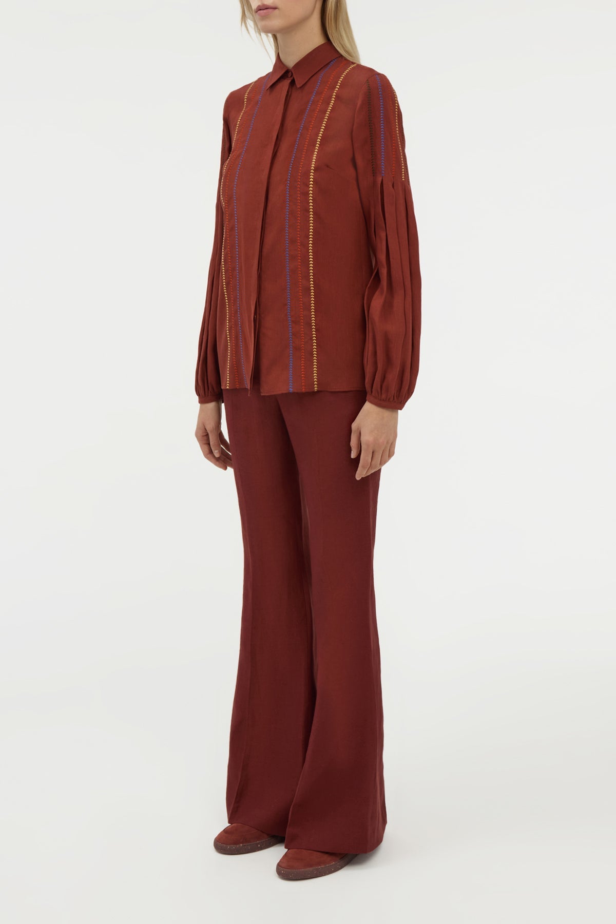 Inga Blouse W/Multi Color en terre de sienne brûlée lin d’aloès popeline de chemise