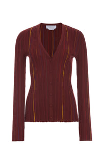 Barth Pinstripe Cardigan en terre de sienne brûlée antilope mérinos fil
