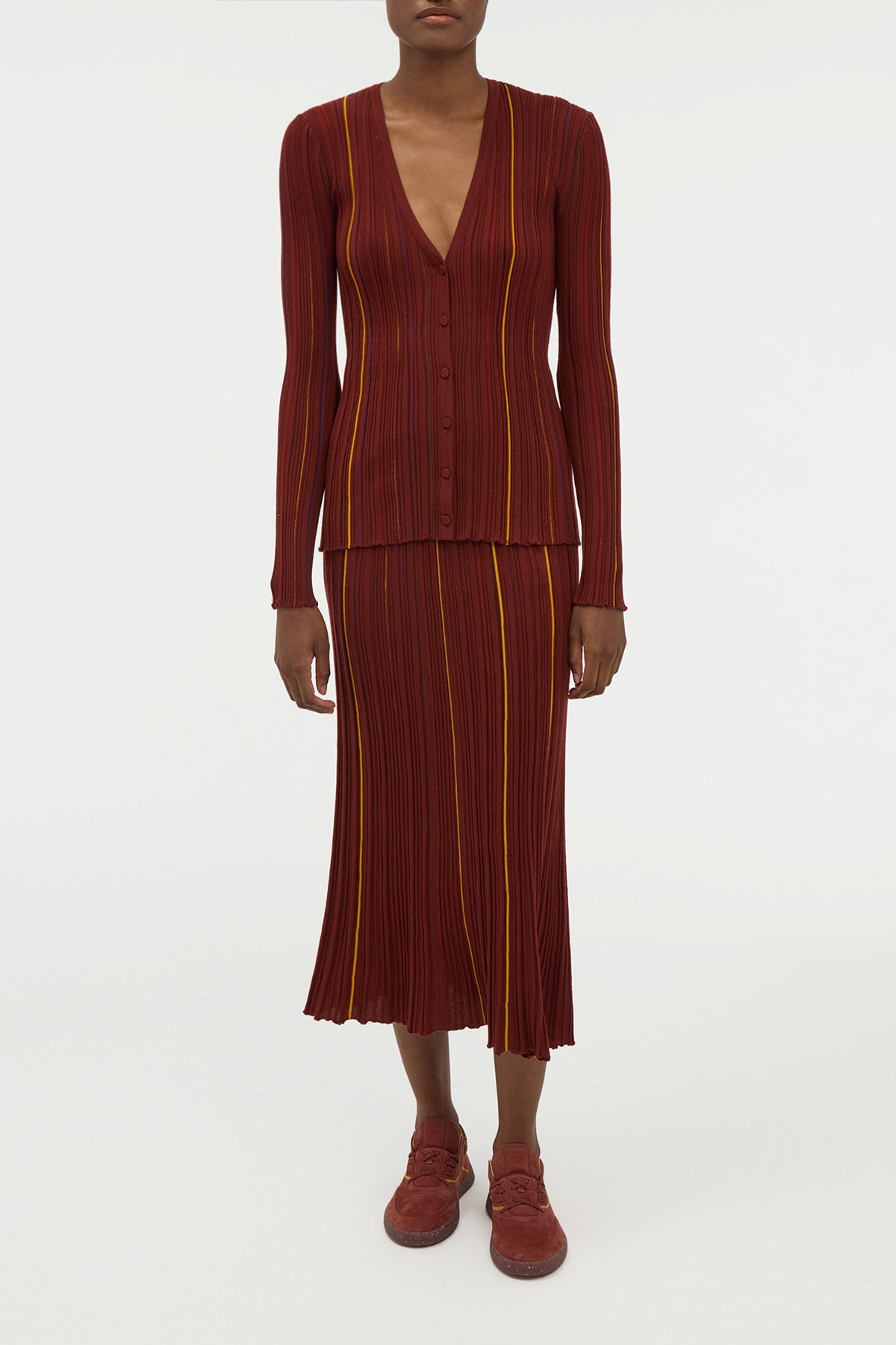 Barth Pinstripe Cardigan en terre de sienne brûlée antilope mérinos fil