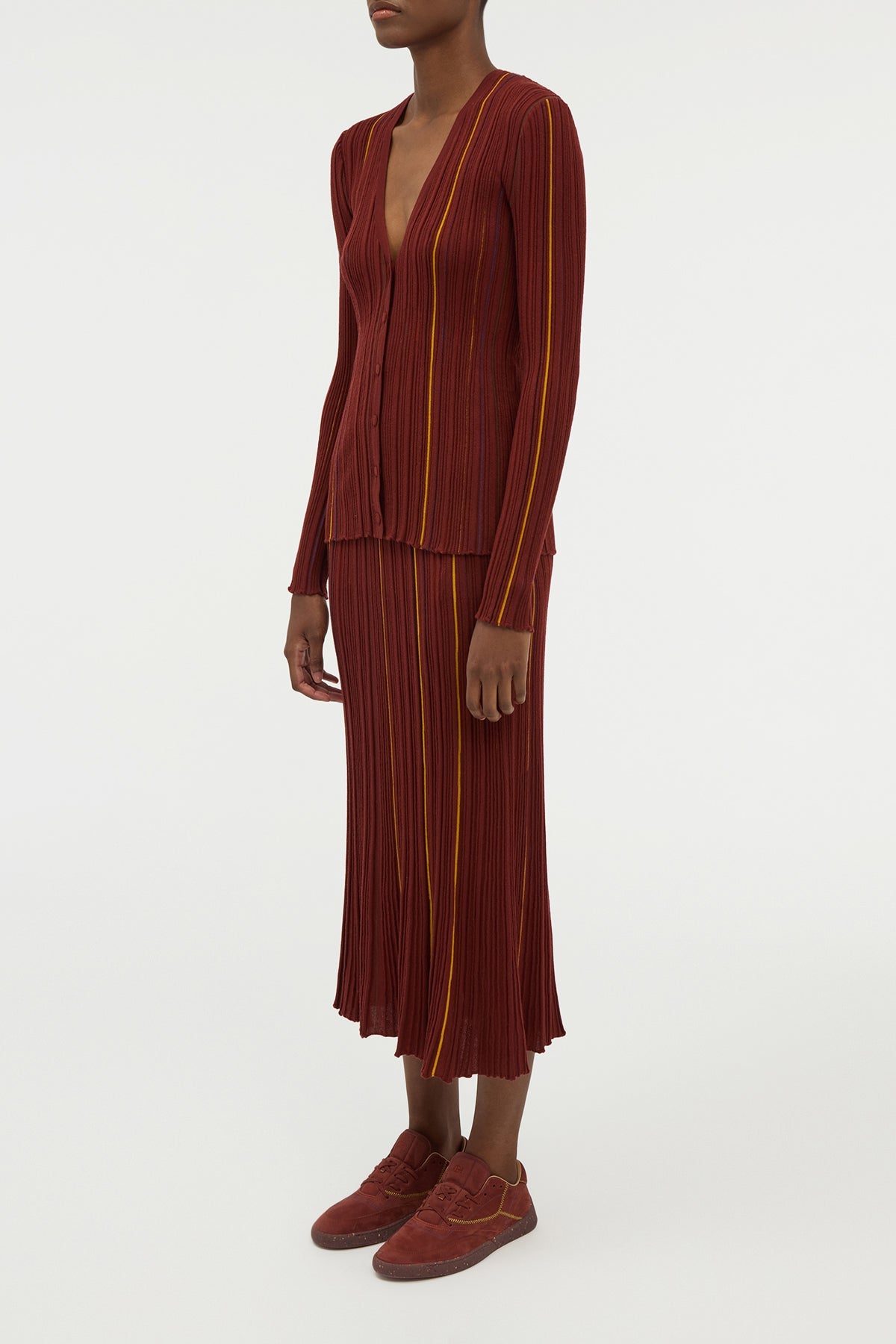 Barth Pinstripe Cardigan en terre de sienne brûlée antilope mérinos fil