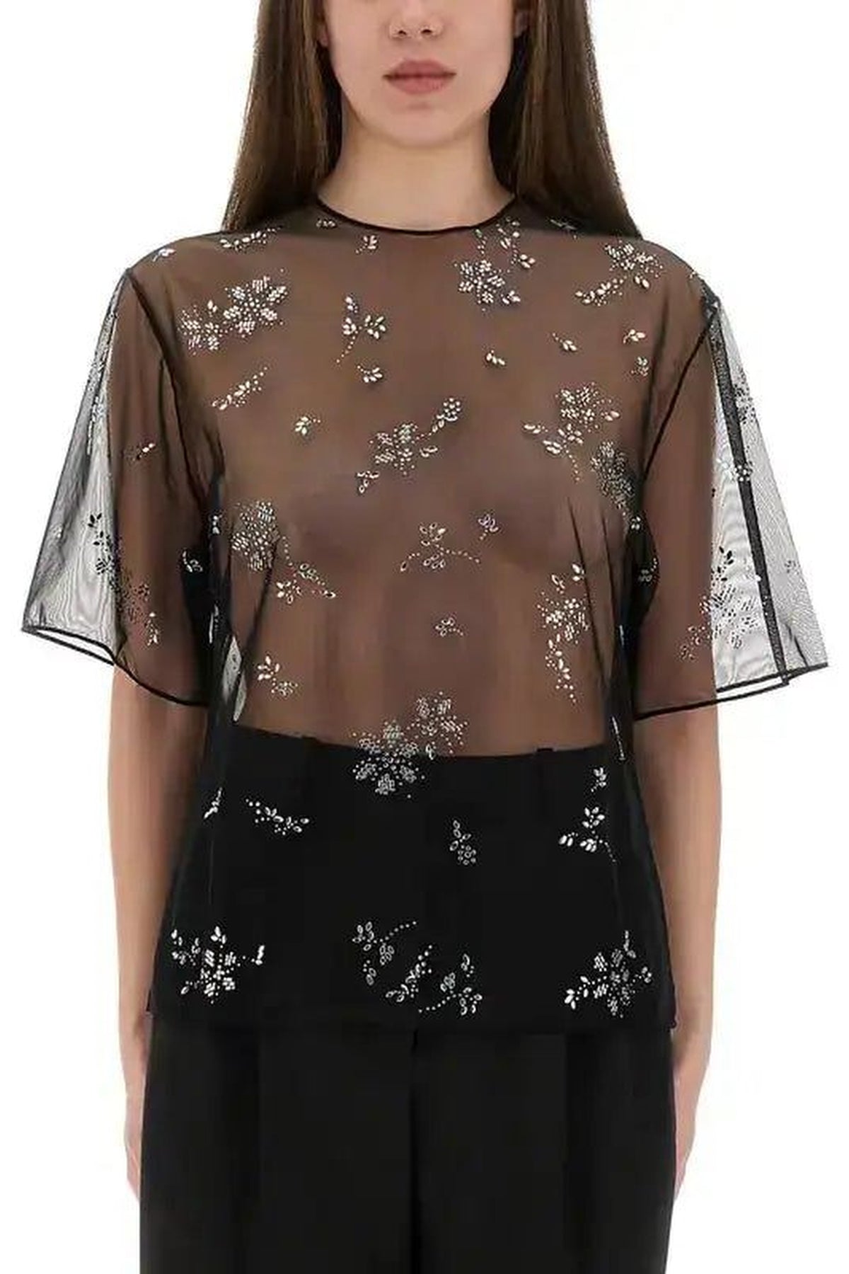 Blouse transparent à détails en strass - Black