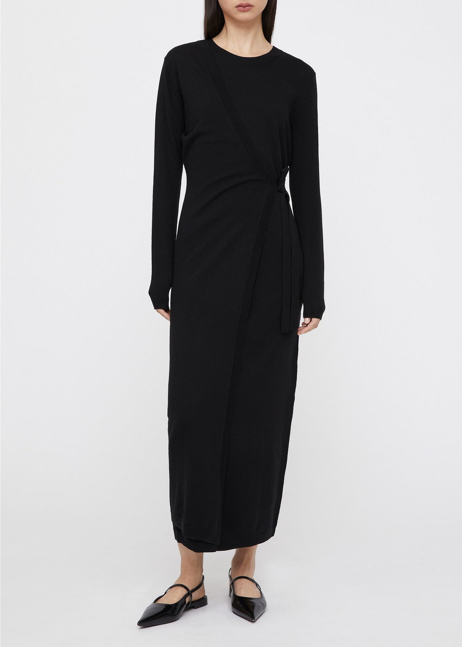 Robe midi portefeuille en laine - Black