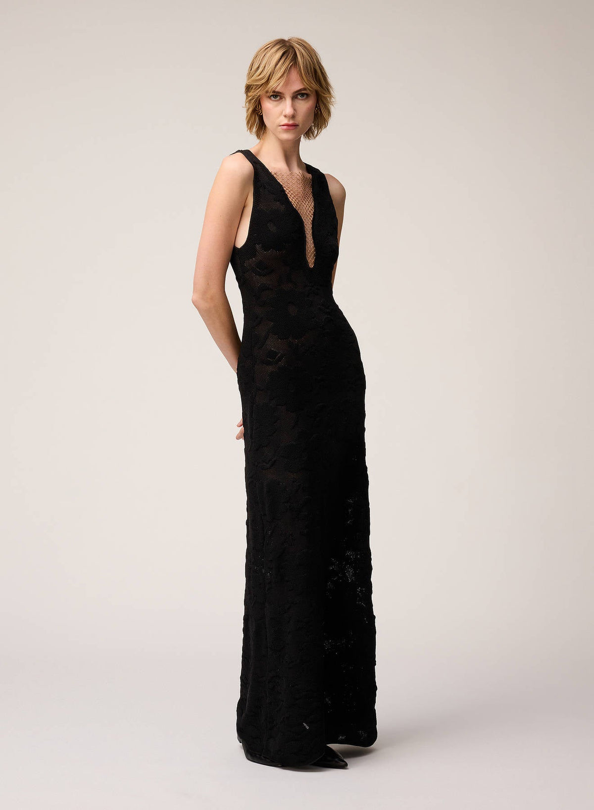 BLACK JACQUARD KNIT DRESS WITH NET DETAIL