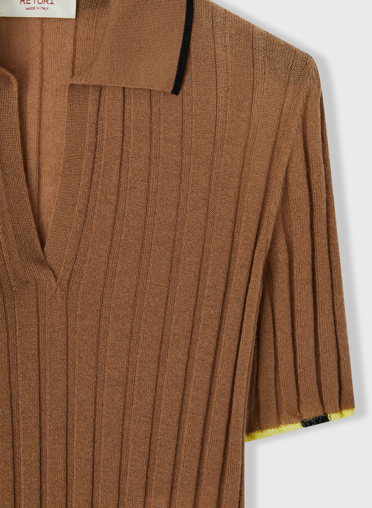 CAMEL + BLACK AND YELLOW CASHMERE RIBBED SHORT SLEEVES POLO