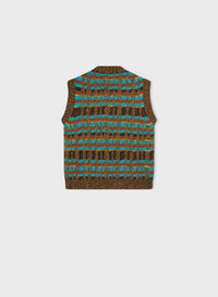 CHOCOLATE AND TURQUOISE JACQUARD WEAVED VNECK VEST