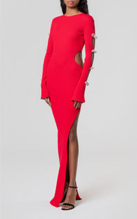 Bow long dress with rhinestone embellishments - Red