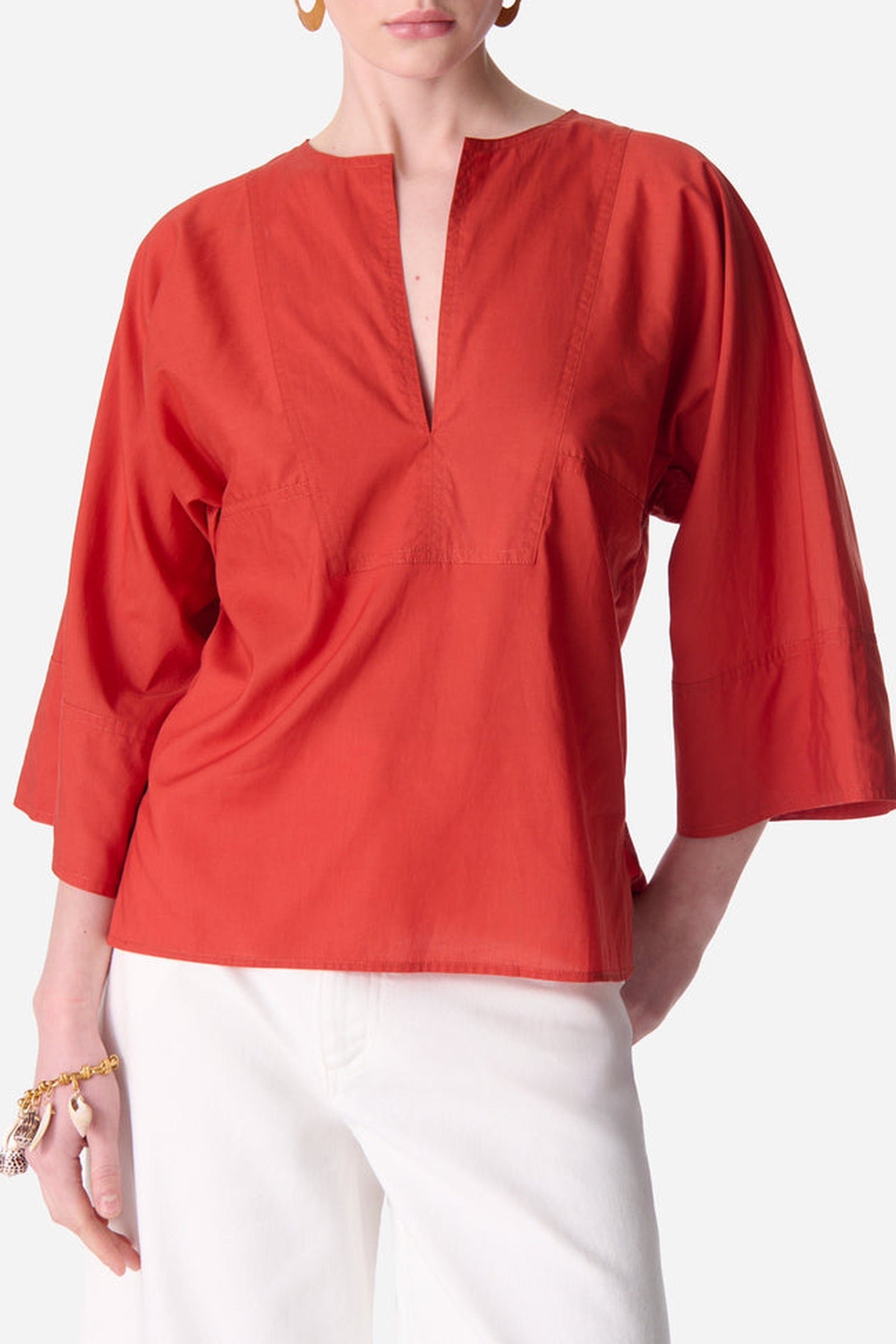Blouse à col V et manches courtes - Brique