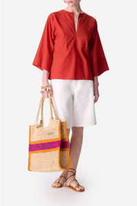 Blouse à col V et manches courtes - Brique