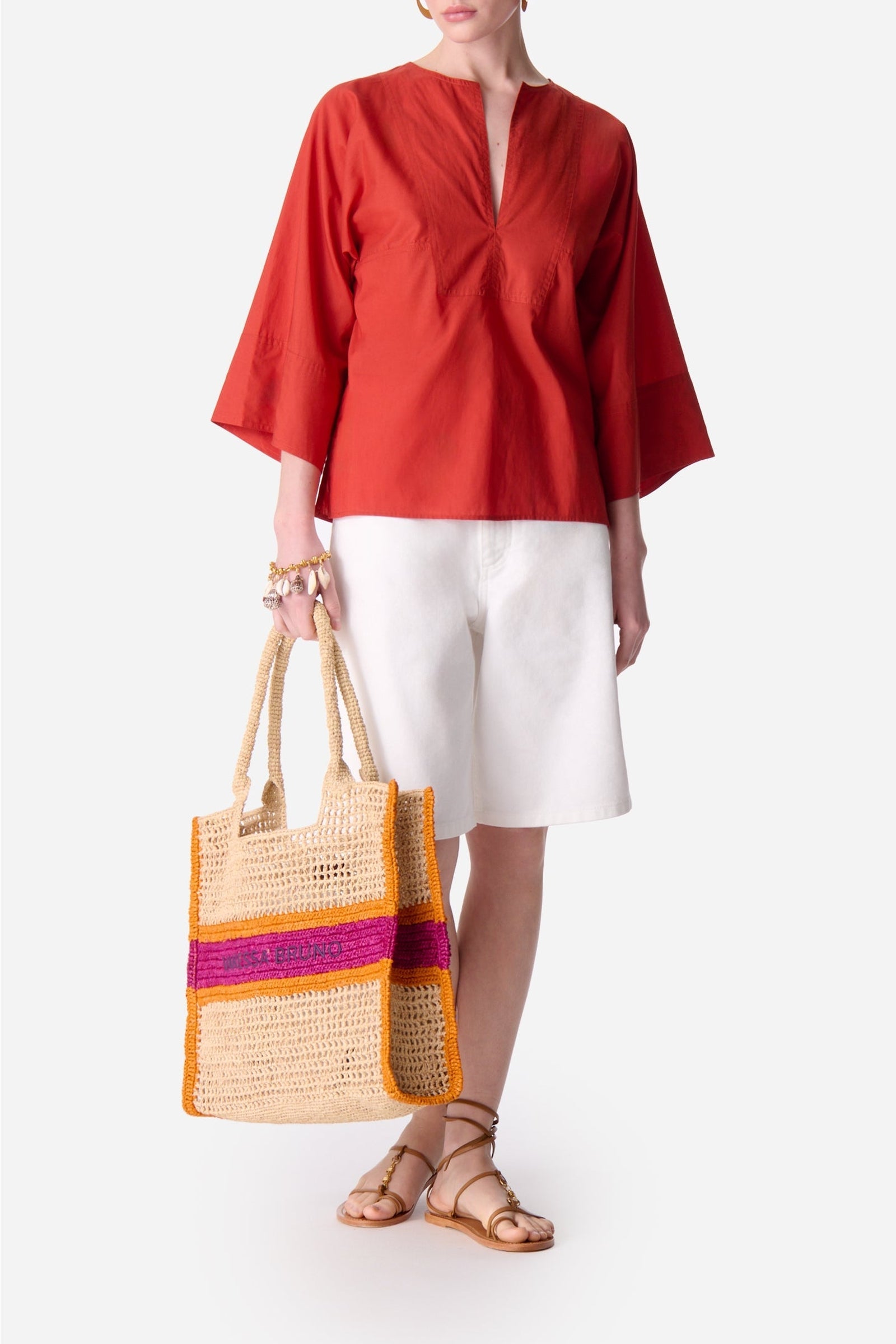 Blouse à col V et manches courtes - Brique