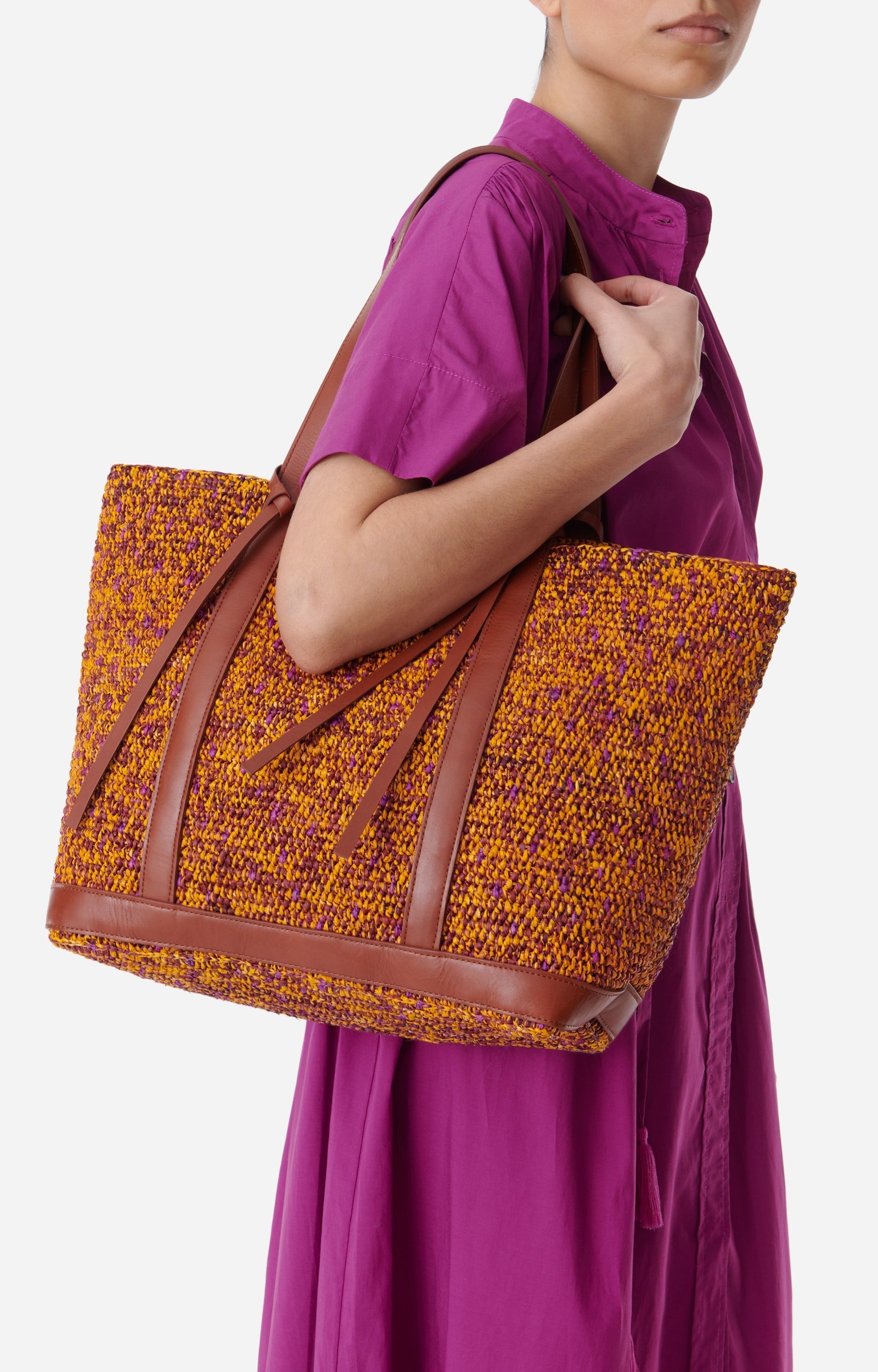 Cabas L bicolore tressé en raphia - Multicolore & Jaune