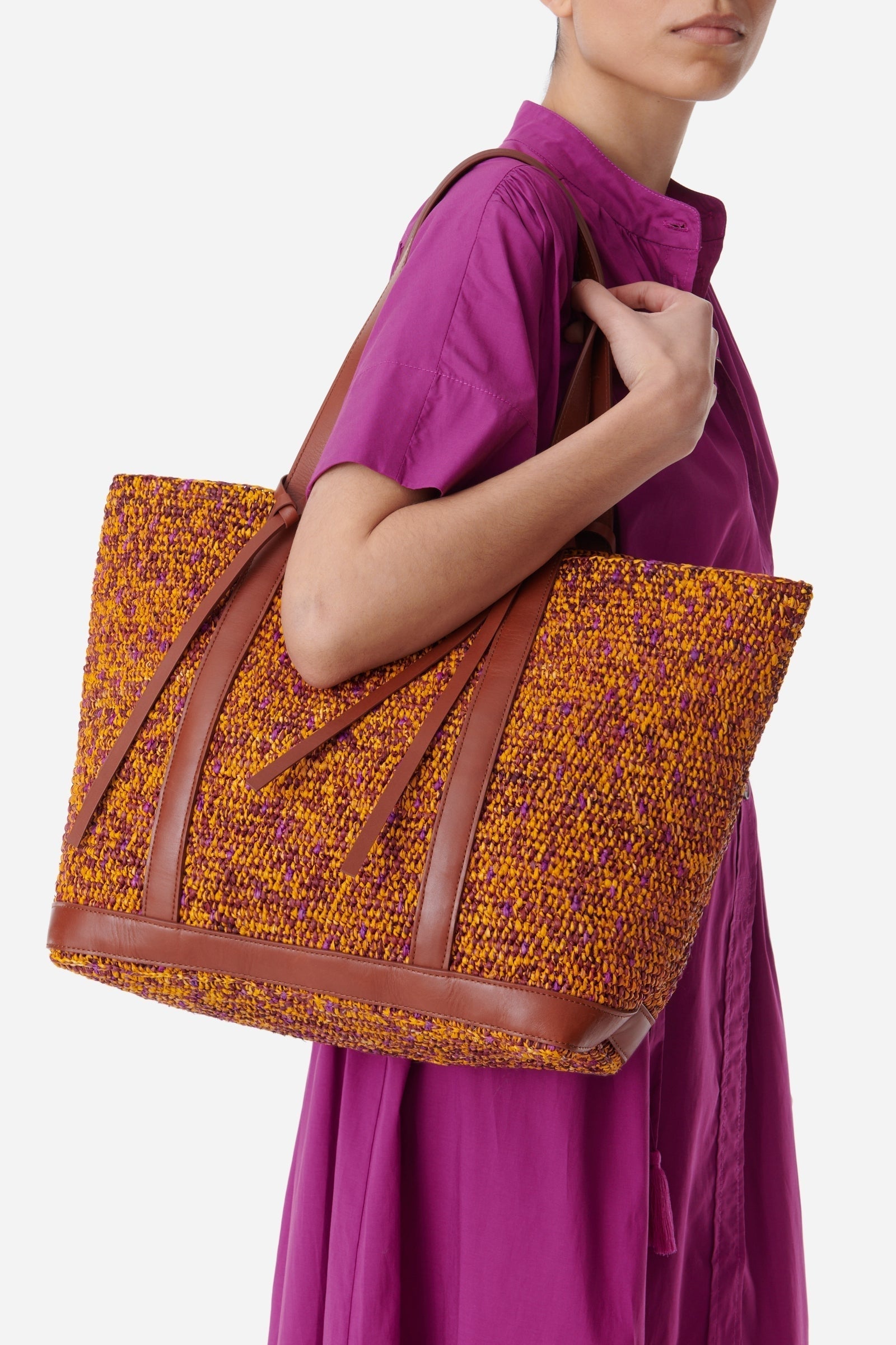 Cabas L bicolore tressé en raphia - Multicolore & Jaune
