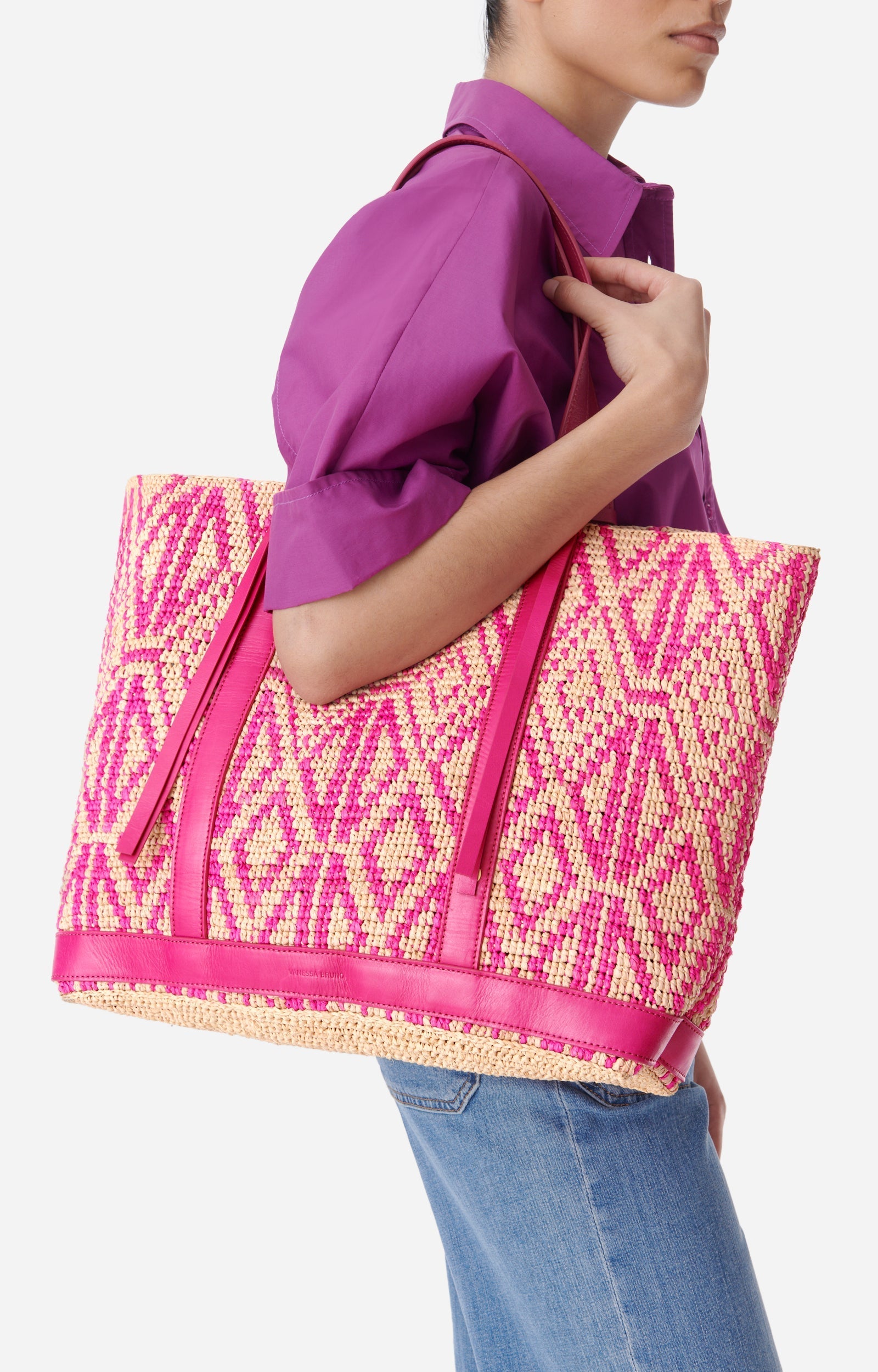 Cabas L en raphia - Fushia