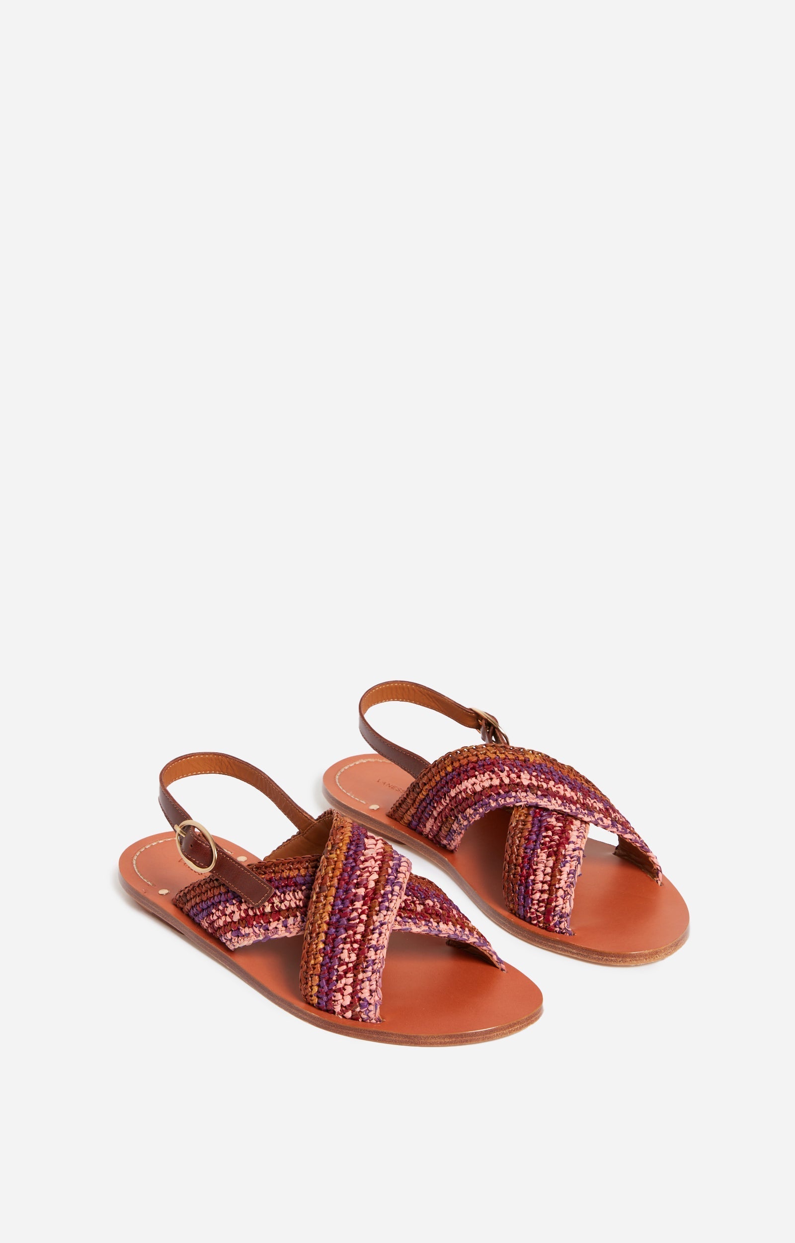 Sandales plates en cuir et raphia - Multicolore & Rose