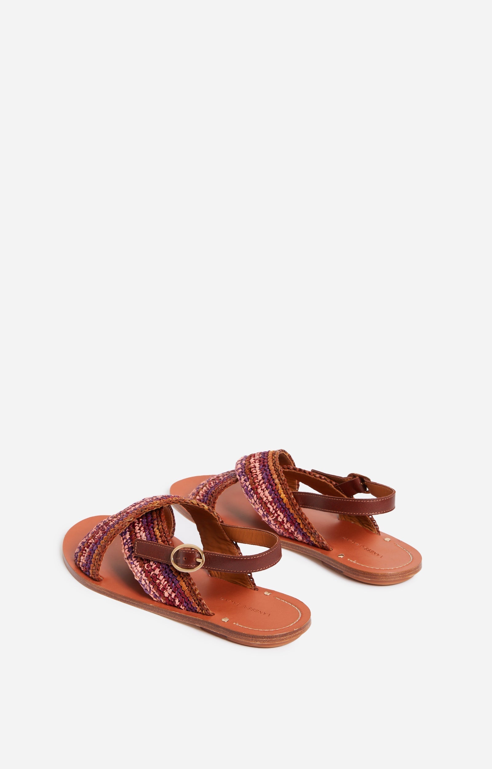 Sandales plates en cuir et raphia - Multicolore & Rose