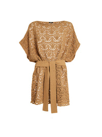 Poncho court à ceinture tricoté - Marron