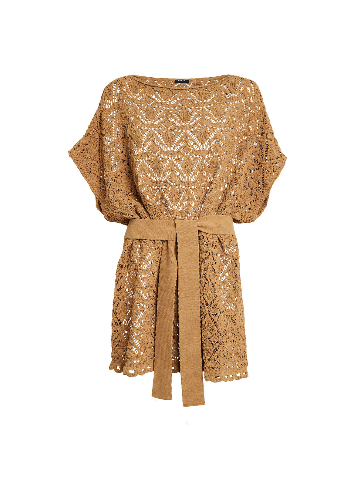 Poncho court à ceinture tricoté - Marron