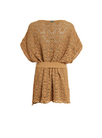 Poncho court à ceinture tricoté - Marron