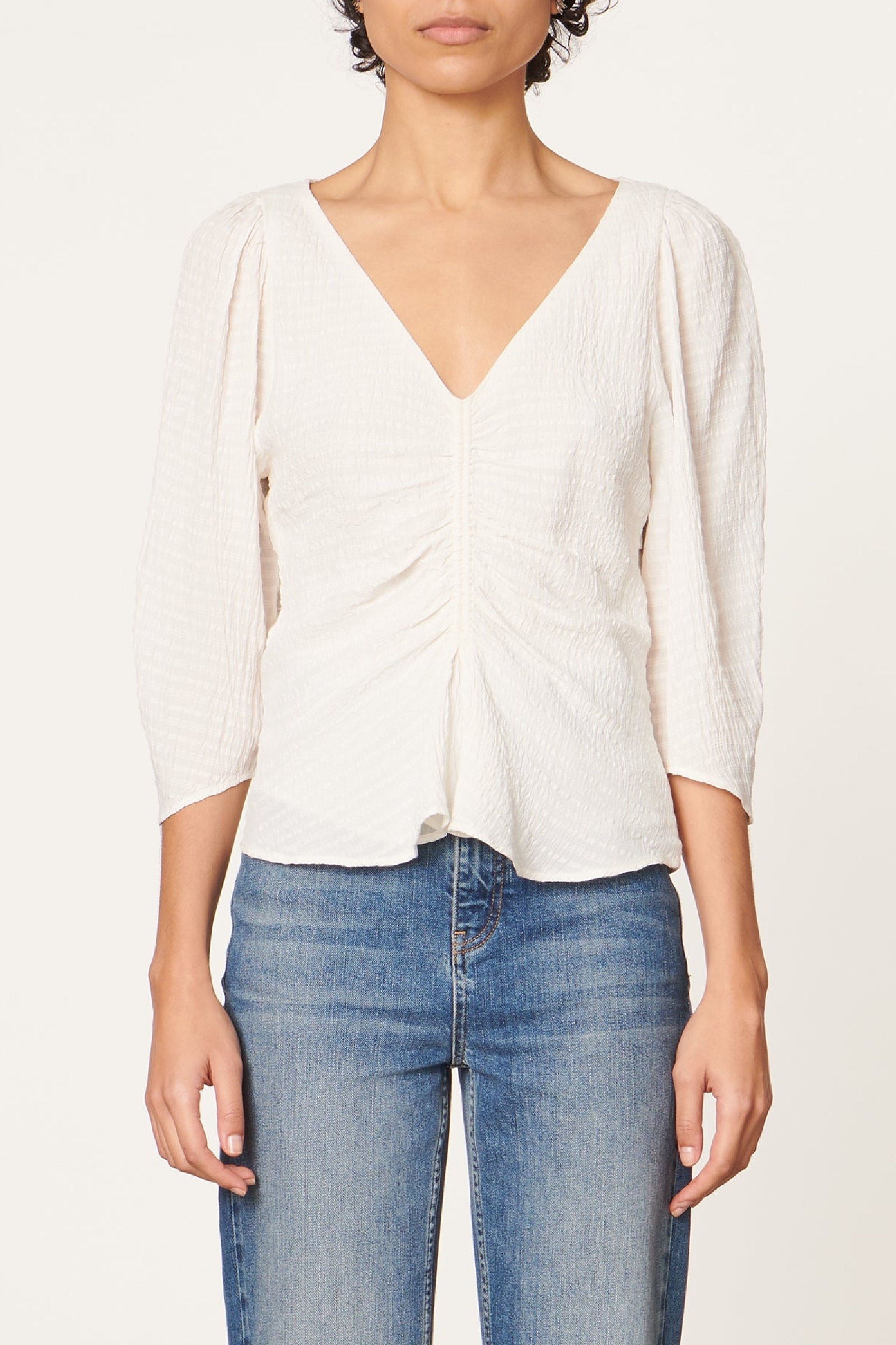 Blouse froncée à manches bouffantes - Blanc