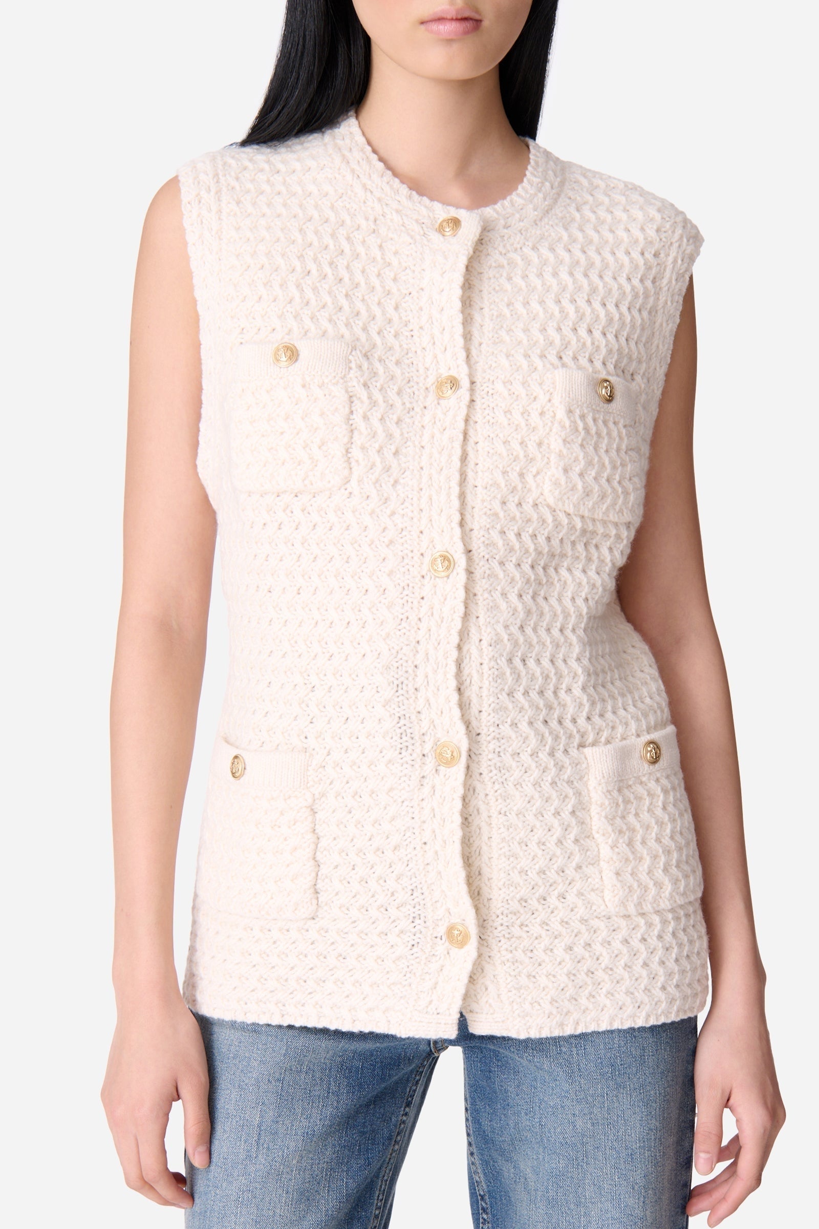 Cardigan sans manches Elisabeth en laine - Écru