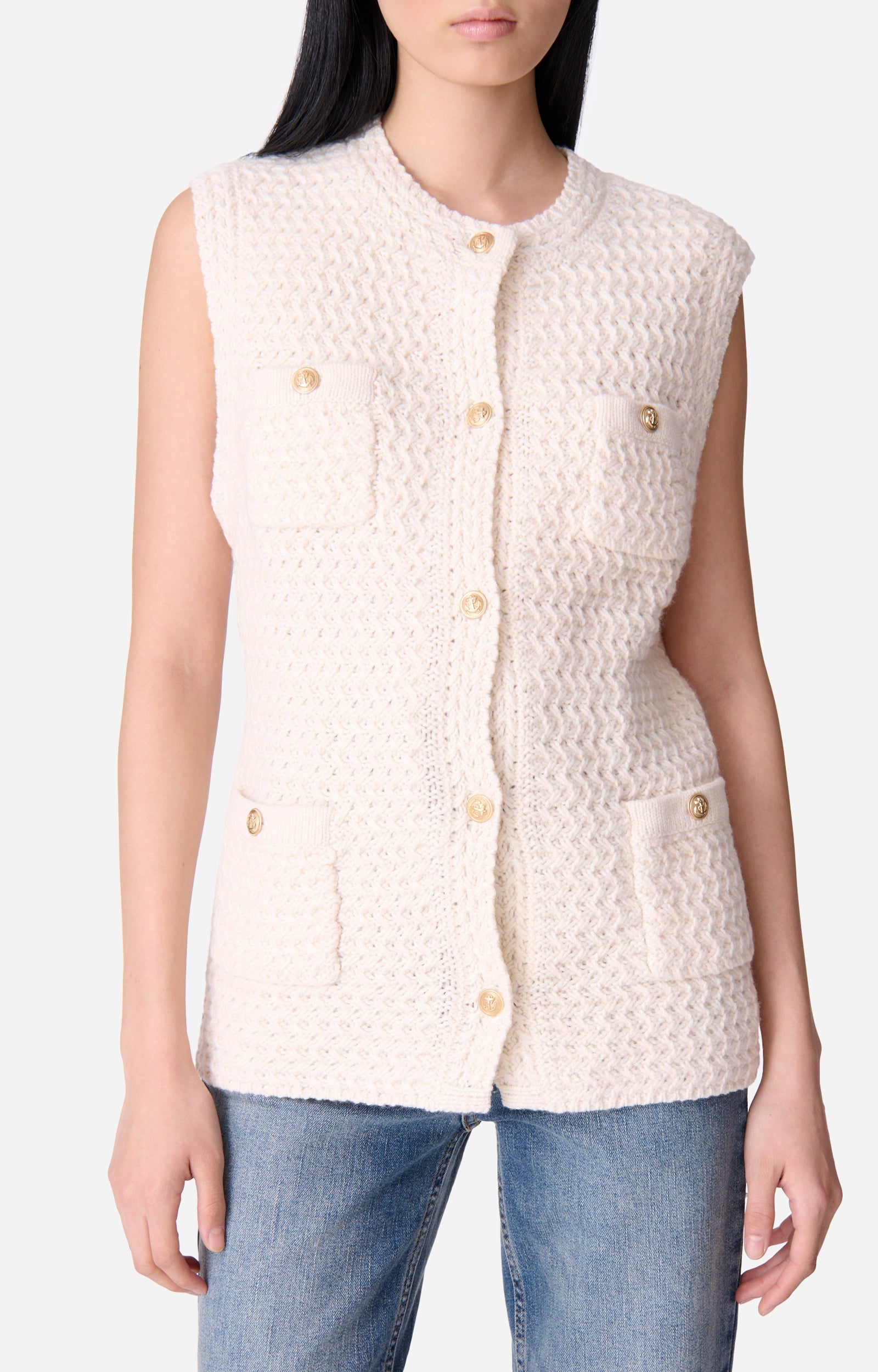 Cardigan sans manches Elisabeth en laine - Écru