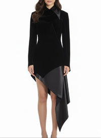 BLACK/BLACK // black asymmetrical velvet dress with leather collar
