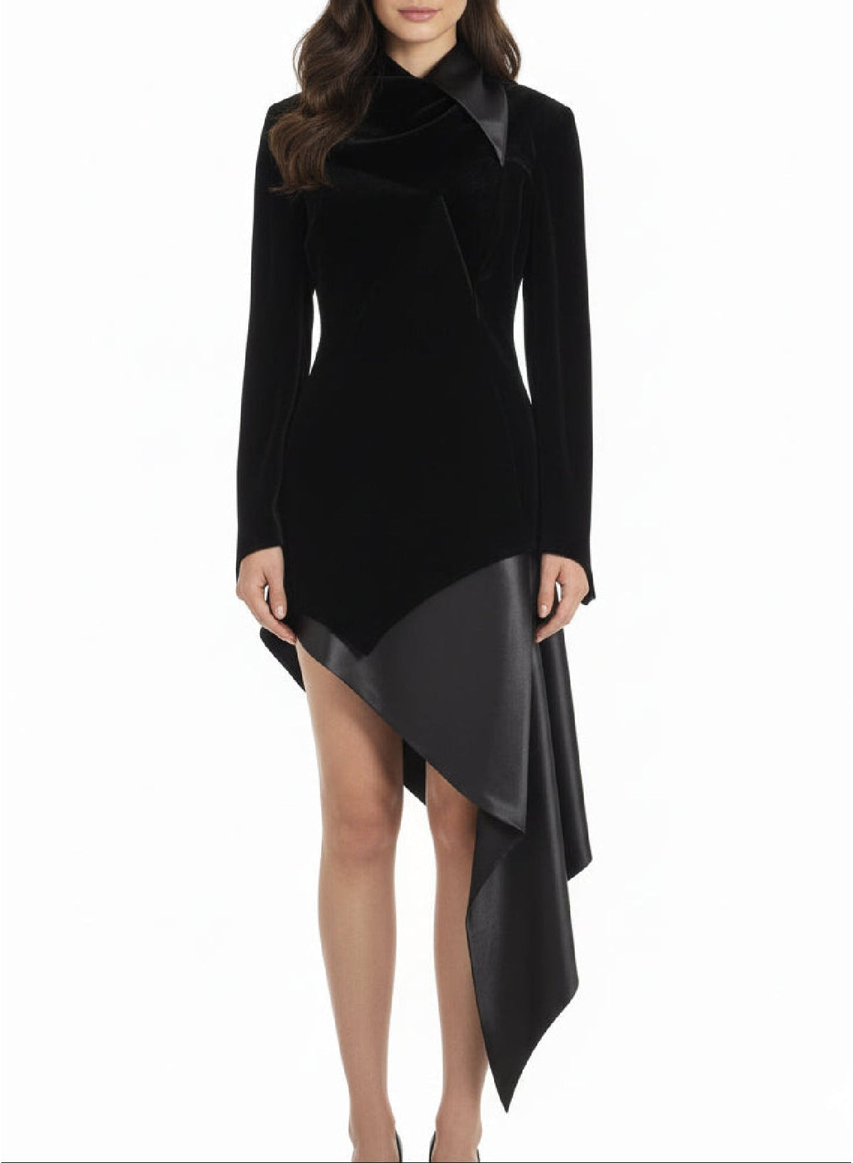 BLACK/BLACK // black asymmetrical velvet dress with leather collar