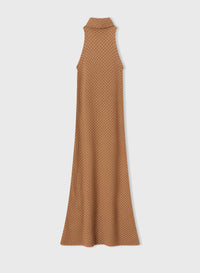 CAMEL JACQUARD SLEEVELESS MAXI COLLAR LONG DRESS
