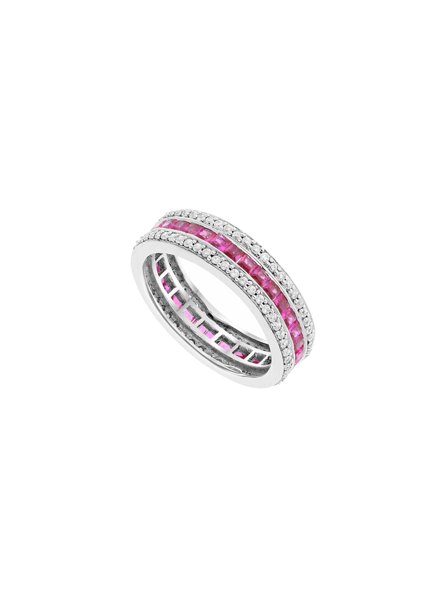 1qty DJV / QTY DISPO : 2-QTY VENDUES : 2-ST : 100% PRIX DJV : 195€ // Argent Rhodié Alliance en argent rhodié sertie de Burmalite™ taille brillant rubis de synthèse et pavage Burmalite™ blanche /// RECO : 207€