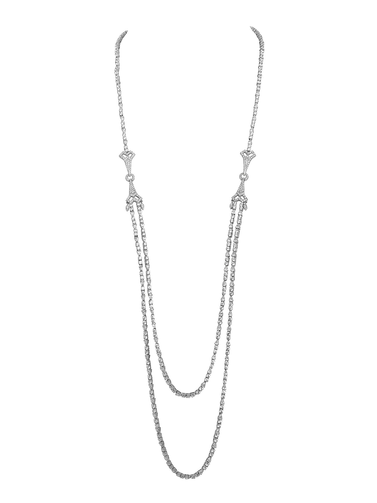 1qty NEW / Argent Rhodié Sautoir 80cm deux rangs en argent rhodié serti de Burmalite blanche taille brillant et taille poire // RECO : 875€