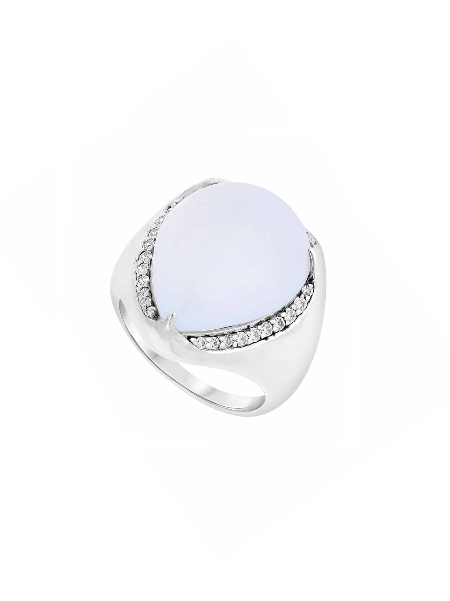 3qty DJV / QTY DISPO : 4-QTY VENDUES : 1-ST : 25% PRIX DJV : 250€ // Argent Rhodié Bague en argent rhodié sertie de cabochon calcédoine et pavée de Burmalite™ blanche /// RECO : 196€