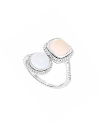 2qty DJV / QTY DISPO : 4-QTY VENDUES : 1-ST : 25% PRIX DJV : 195€ // Argent Rhodié Bague en argent rhodié toi&moi cabochon calcédoine et quartz rose /// RECO : 165€