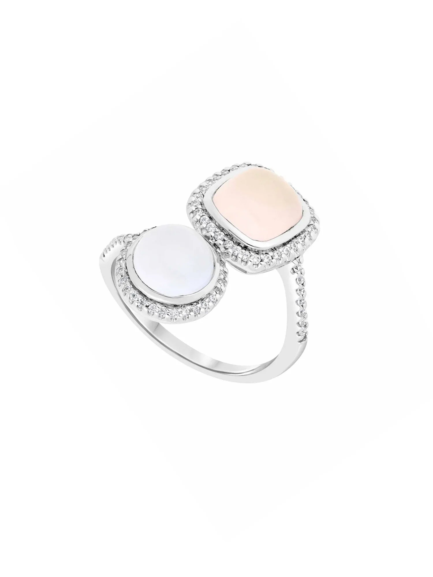 2qty DJV / QTY DISPO : 4-QTY VENDUES : 1-ST : 25% PRIX DJV : 195€ // Argent Rhodié Bague en argent rhodié toi&moi cabochon calcédoine et quartz rose /// RECO : 165€
