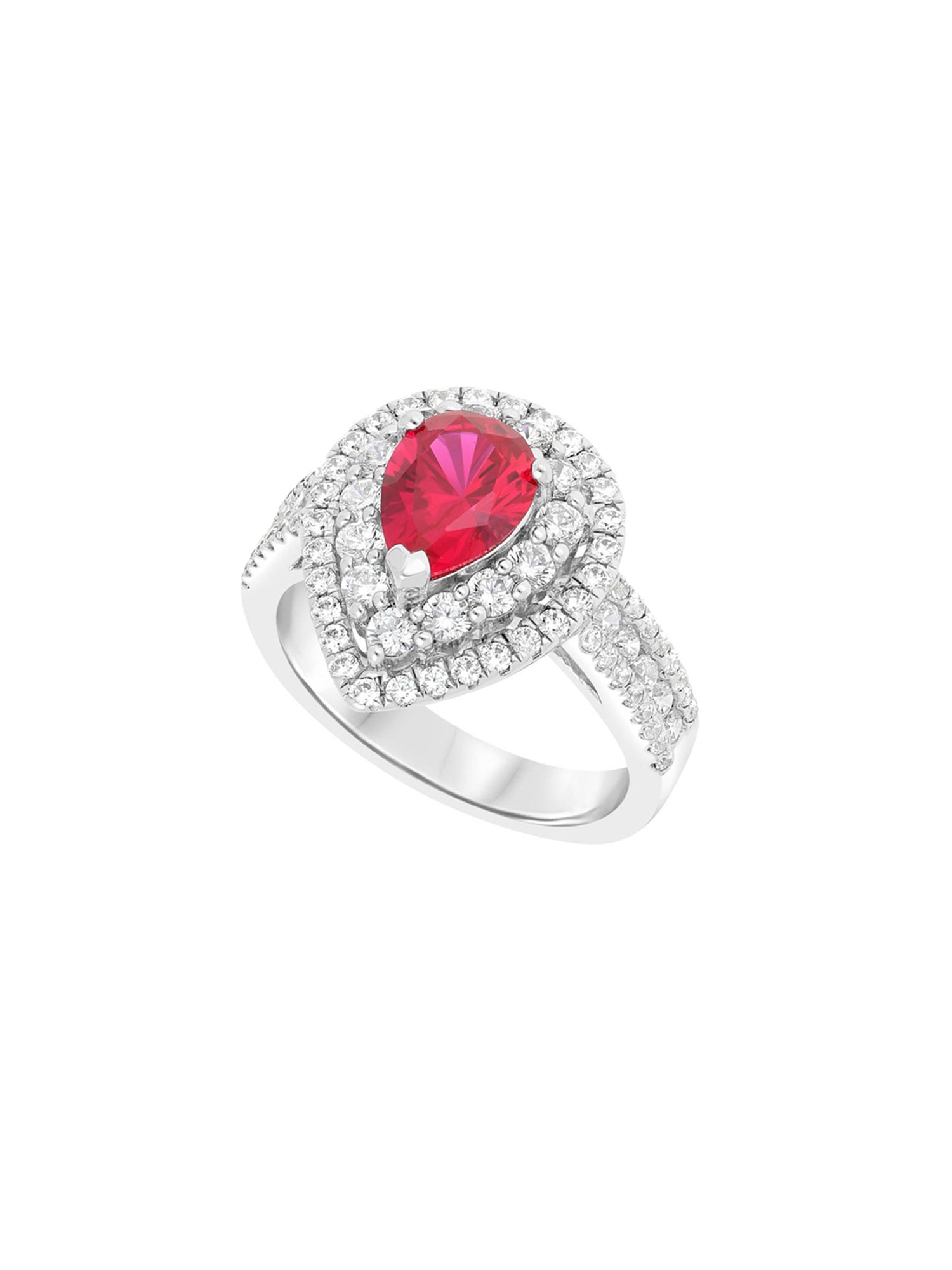 3qty DJV / QTY DISPO : 8-QTY VENDUES : 6-ST : 75% PRIX DJV : 150€ // Argent Rhodié Bague en argent rhodié sertie de rubis de synthèse taille poire et pavée de Burmalite™ blanche /// RECO : 154€