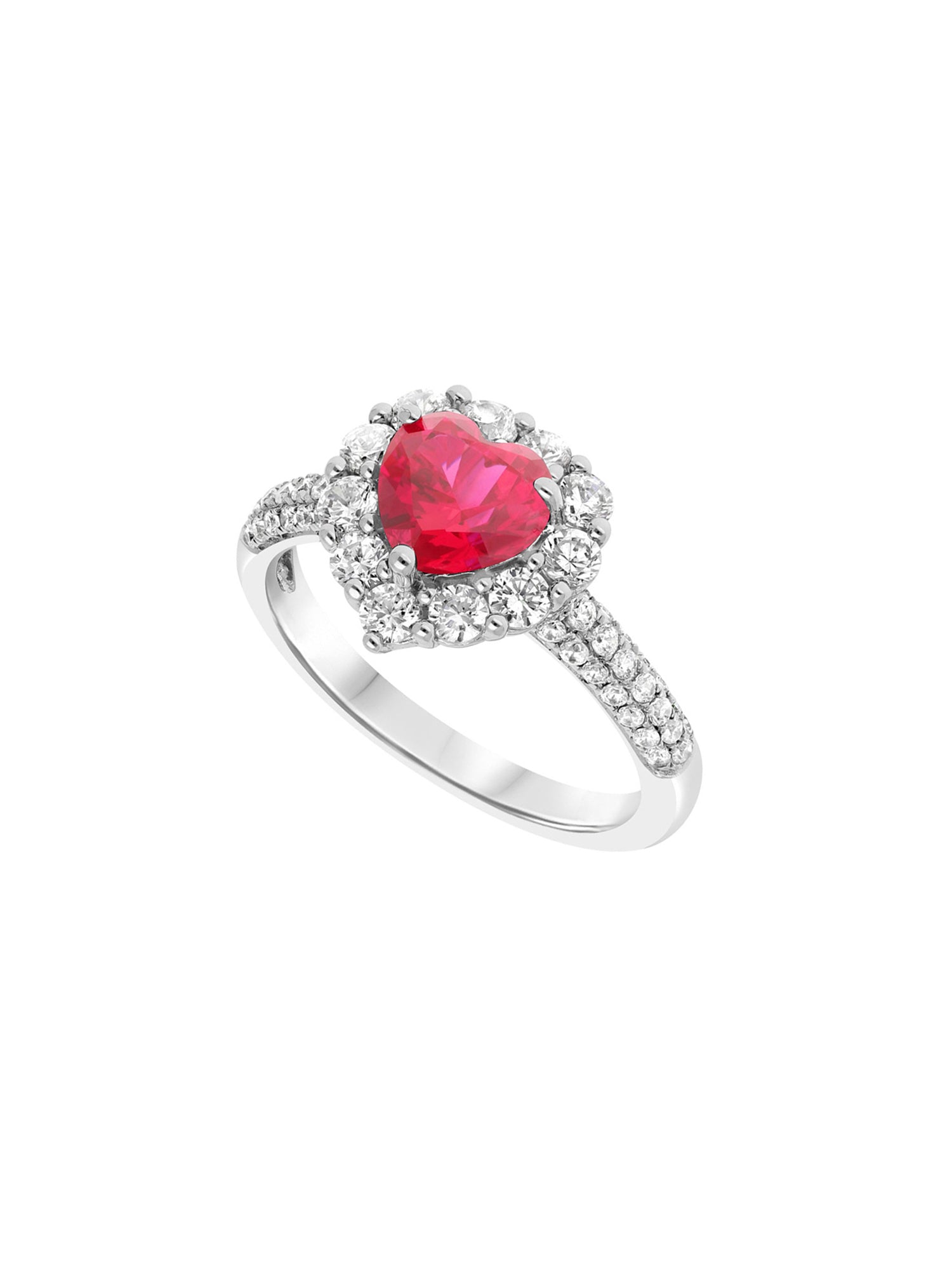 6qty DJV / QTY DISPO : 12-QTY VENDUES : 3-ST : 25% PRIX DJV : 150€ // Argent Rhodié Bague en argent rhodié sertie de rubis de synthèse taille cœur et pavée de Burmalite™ blanche /// RECO : 135€