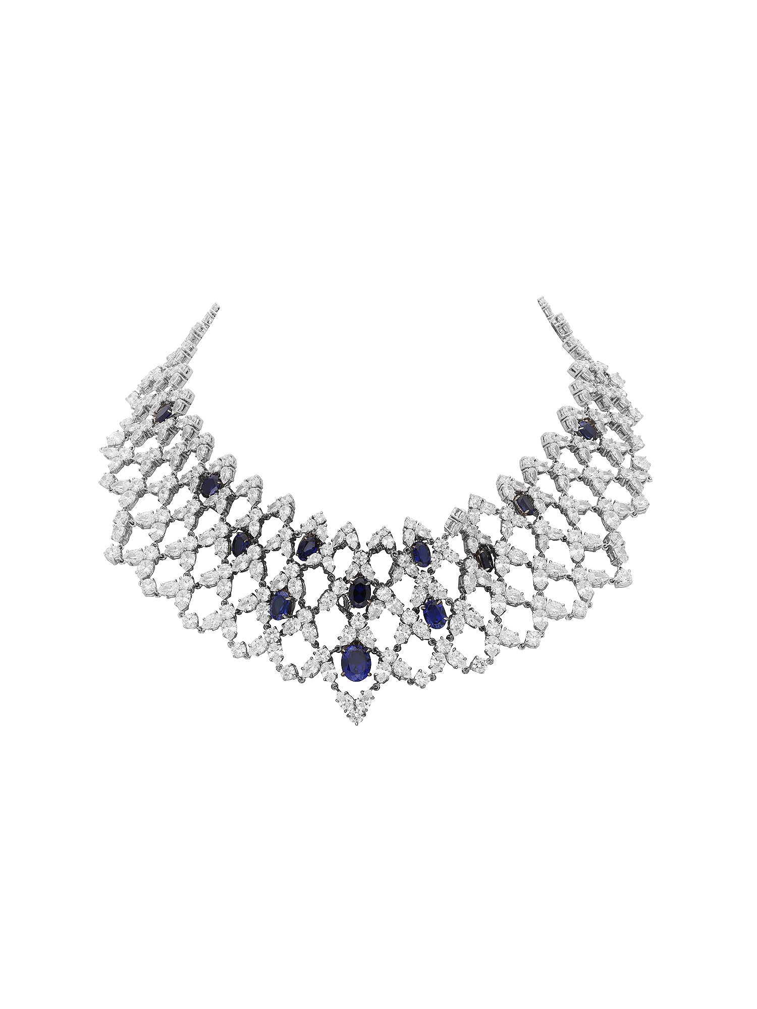 1qty NEW / Argent Rhodié Collier Illusion Burmalite bleu saphir taille ovale et Burmalite blanche en argent rhodié // RECO : 2160€