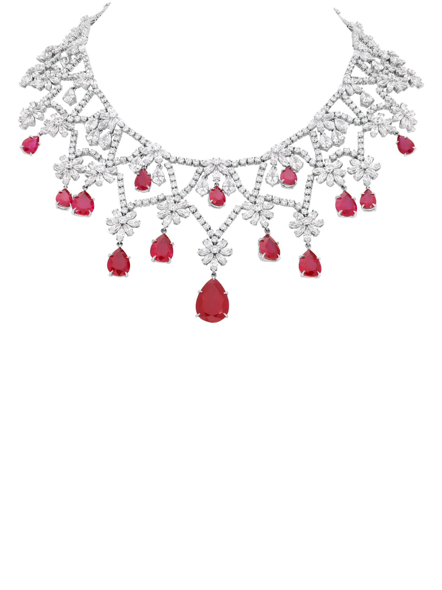 2qty DJV / QTY DISPO : 2-QTY VENDUES : 0-ST : 0% PRIX DJV : 1990€ // Argent Rhodié Collier fleur en argent rhodié serti de Burmalite taille poire rouge rubis /// RECO : 1925€