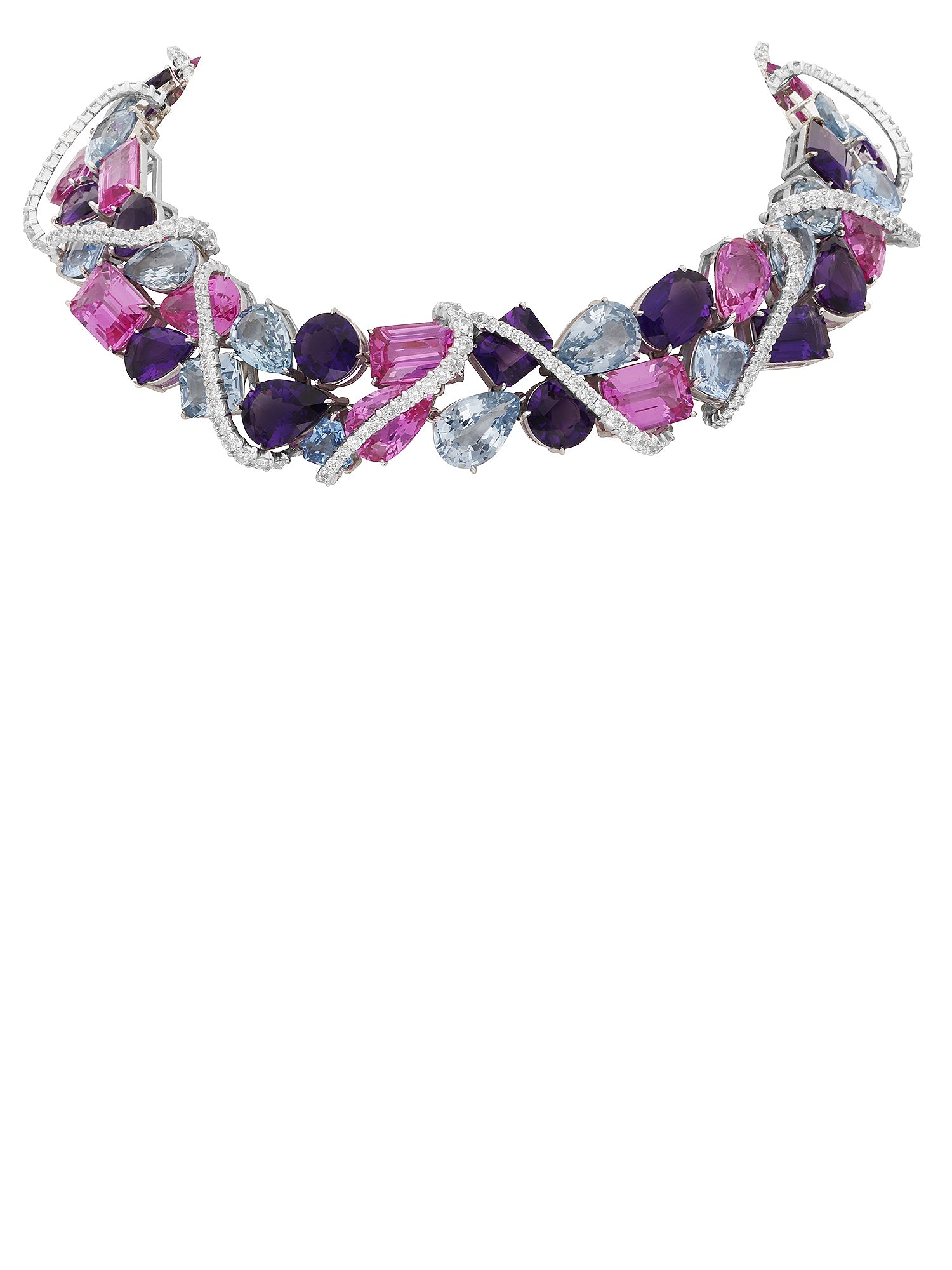 1qty NEW / Argent Rhodié Collier Ruban serti de Burmalite multipastel taille ovale // RECO : 5800€