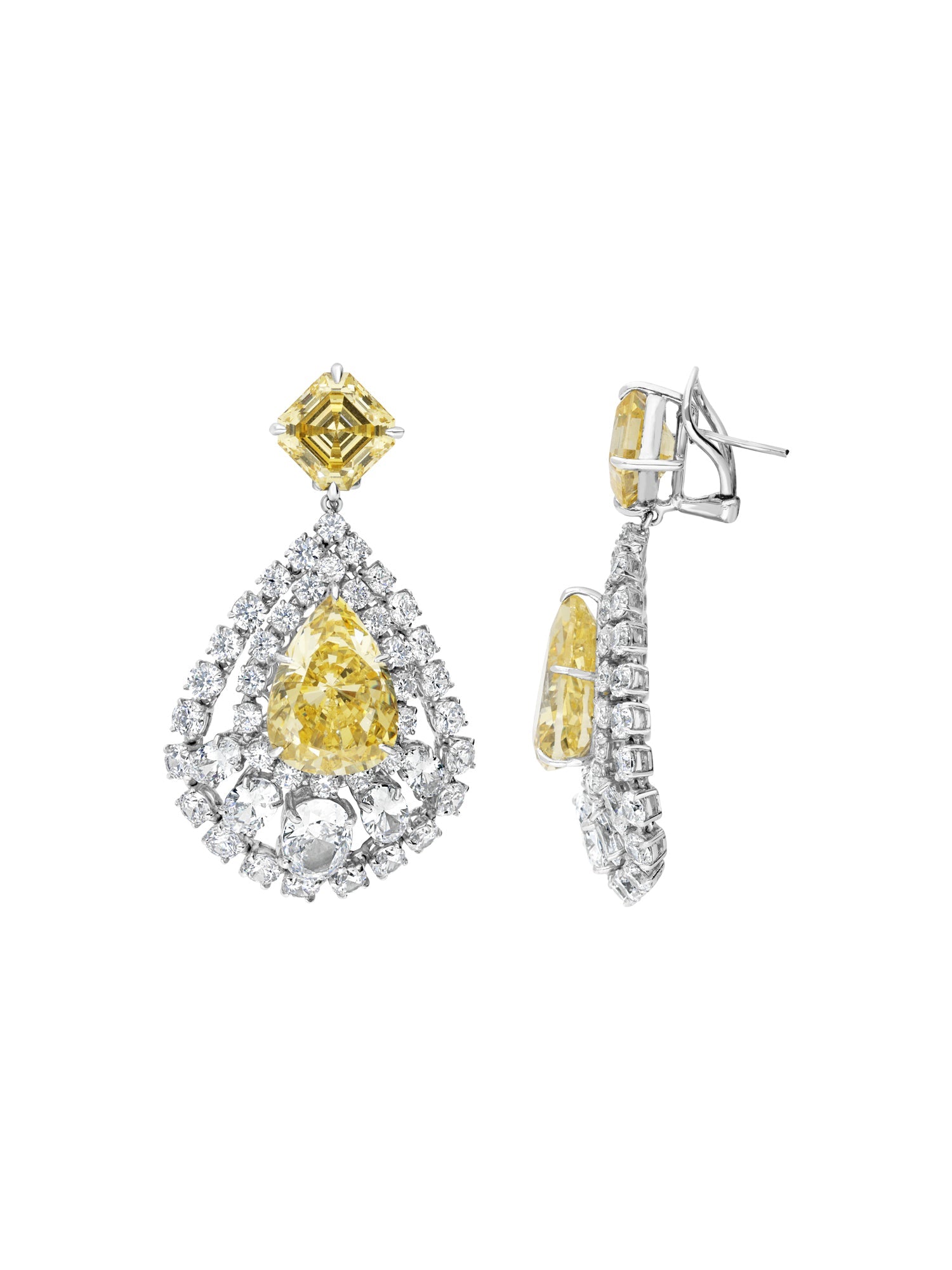 3qty DJV / QTY DISPO : 2-QTY VENDUES : 0-ST : 0% PRIX DJV : 695€ // Argent Rhodié Boucles d'oreilles en argent rhodié système mixte serties de Burmalite™ taille poire et coussin jonquille entourage Burmalite™ blanche taille ronde et ovale /// RECO : 714€